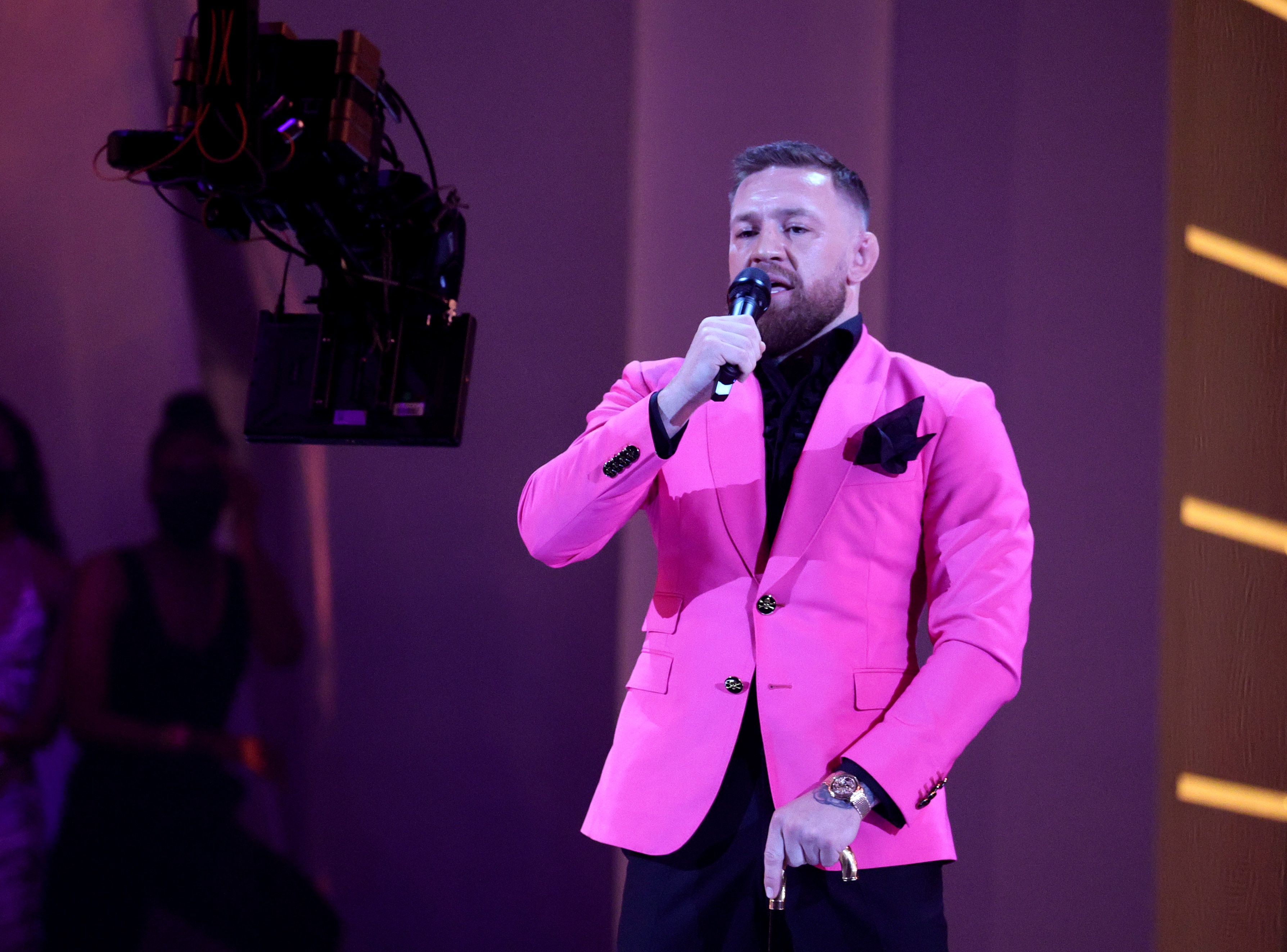 NEW YORK, NEW YORK - SEPTEMBER 12: Conor McGregor speaks onstage during the 2021 MTV Video Music Awards at Barclays Center on September 12, 2021 in the Brooklyn borough of New York City. (Photo by Theo Wargo/Getty Images for MTV/ViacomCBS)