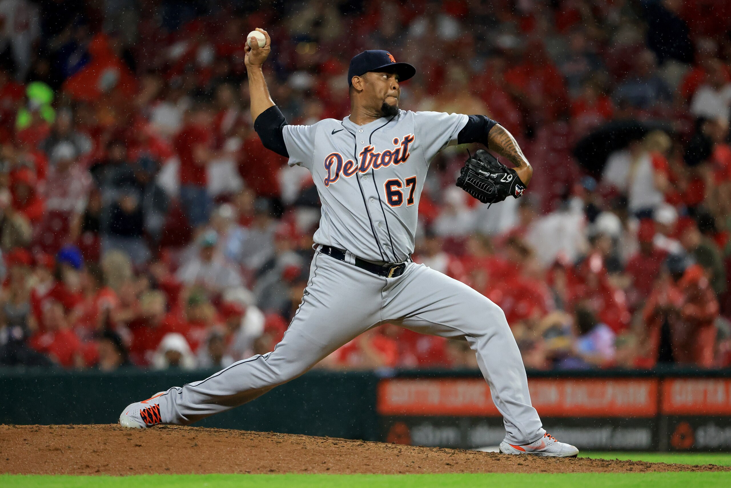 CINCINNATI, OHIO - SEPTEMBER 04: Jose Cisnero #67 of the Detroit Tigers throws a pitch during the sixth inning in the game against the Cincinnati Reds at Great American Ball Park on September 04, 2021 in Cincinnati, Ohio. (Photo by Justin Casterline/Getty Images)