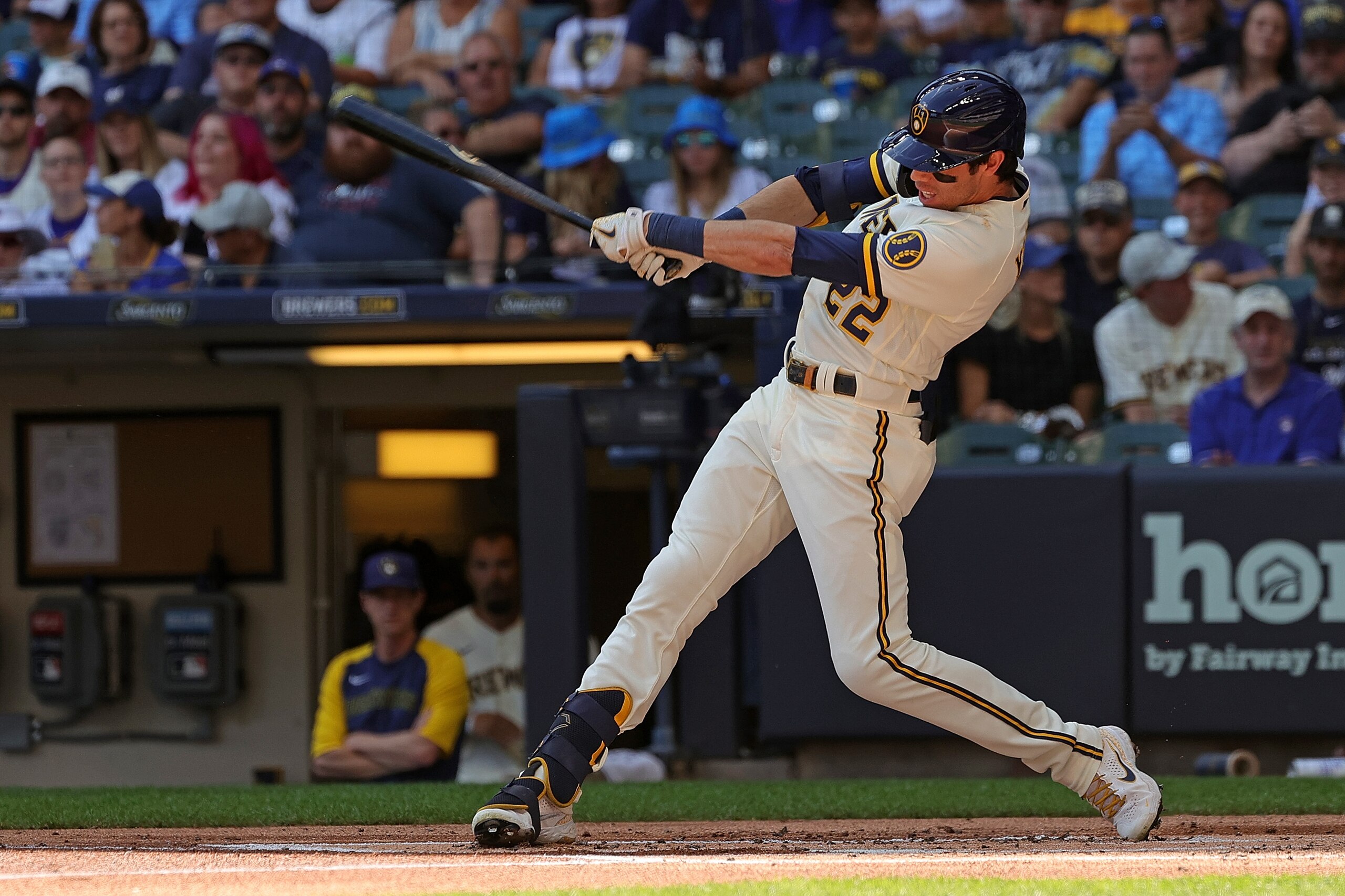 MILWAUKEE, WISCONSIN - SEPTEMBER 06: Christian Yelich #22 of the Milwaukee Brewers at bat during a game against the Philadelphia Phillies at American Family Field on September 06, 2021 in Milwaukee, Wisconsin. (Photo by Stacy Revere/Getty Images)
