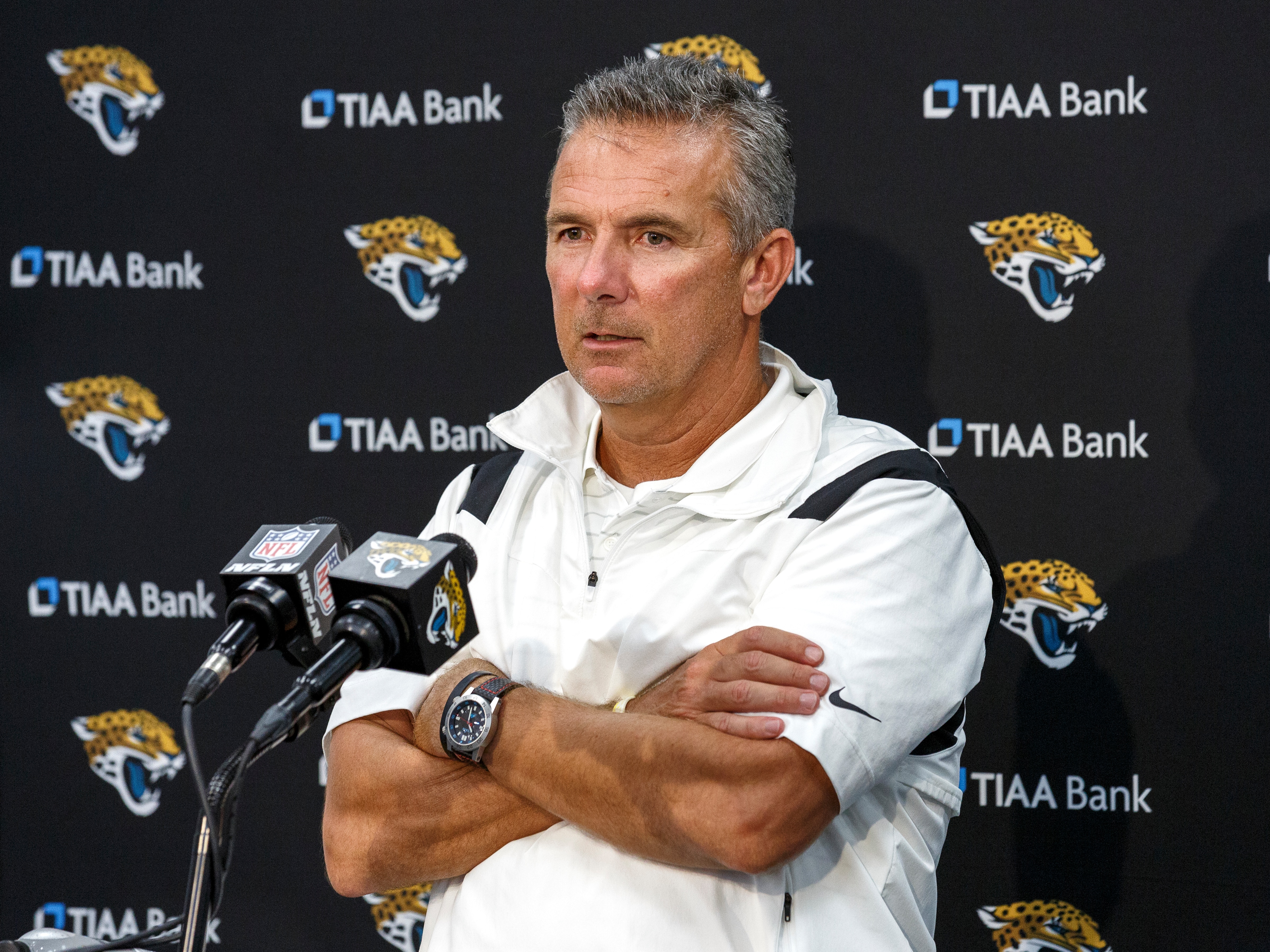 JACKSONVILLE, FL - AUGUST 14: Head coach Urban Meyer of the Jacksonville Jaguars addresses the media during a press conference following a preseason game against the Cleveland Browns at TIAA Bank Field on August 14, 2021 in Jacksonville, Florida. The Browns defeated the Jaguars 23-13. (Photo by Don Juan Moore/Getty Images)