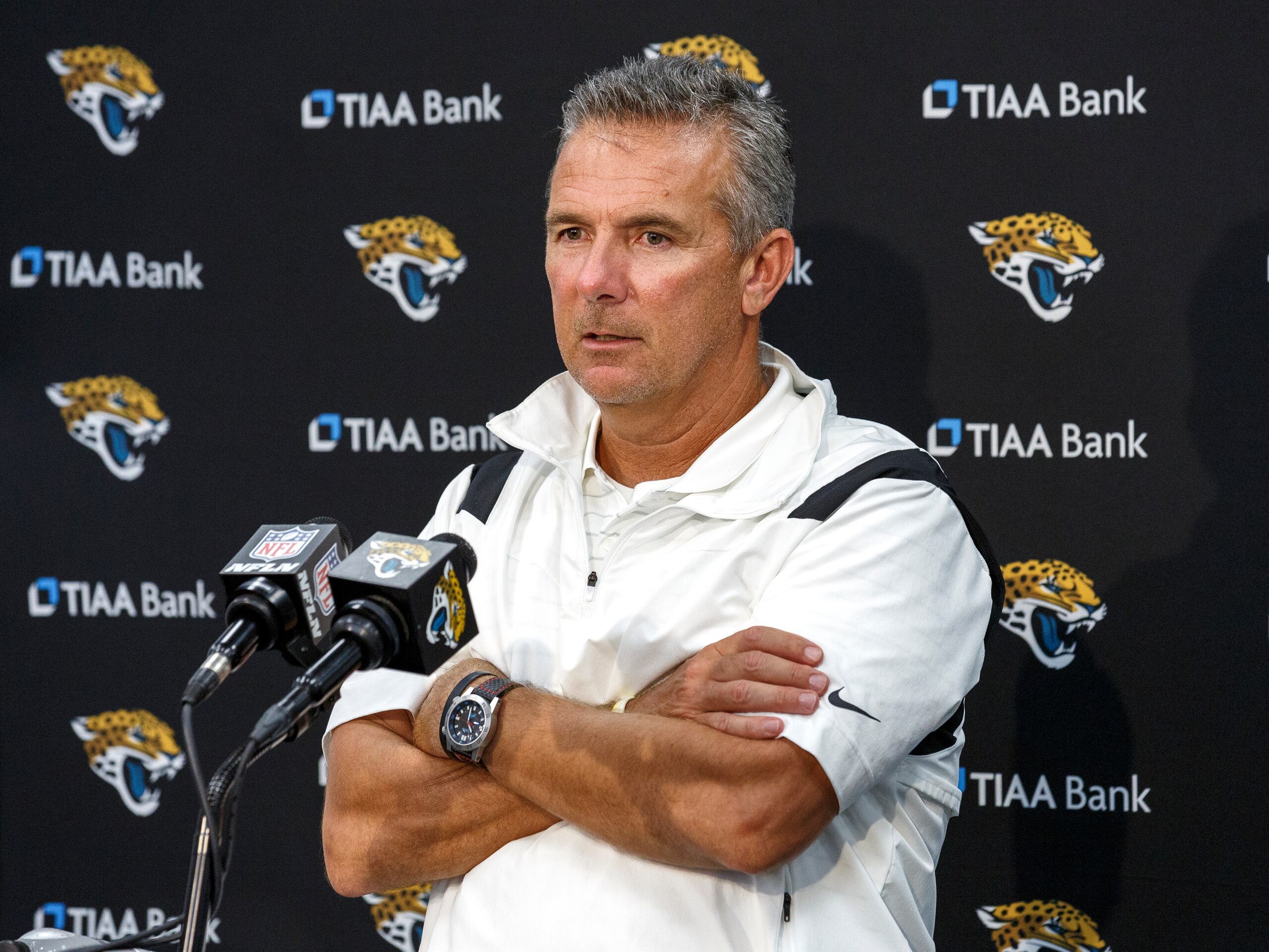 JACKSONVILLE, FL - AUGUST 14: Head coach Urban Meyer of the Jacksonville Jaguars addresses the media during a press conference following a preseason game against the Cleveland Browns at TIAA Bank Field on August 14, 2021 in Jacksonville, Florida. The Browns defeated the Jaguars 23-13. (Photo by Don Juan Moore/Getty Images)