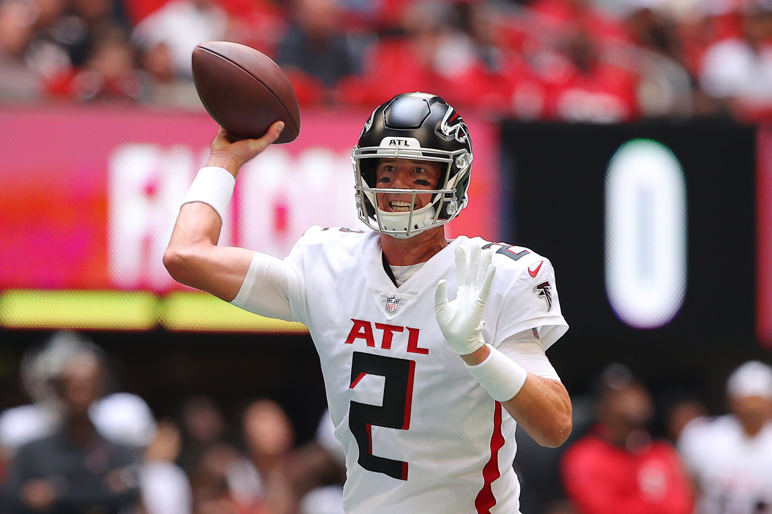 ATLANTA, GEORGIA - SEPTEMBER 12: Matt Ryan #2 of the Atlanta Falcons looks to pass against the Philadelphia Eagles during the first quarter at Mercedes-Benz Stadium on September 12, 2021 in Atlanta, Georgia. (Photo by Kevin C. Cox/Getty Images)
