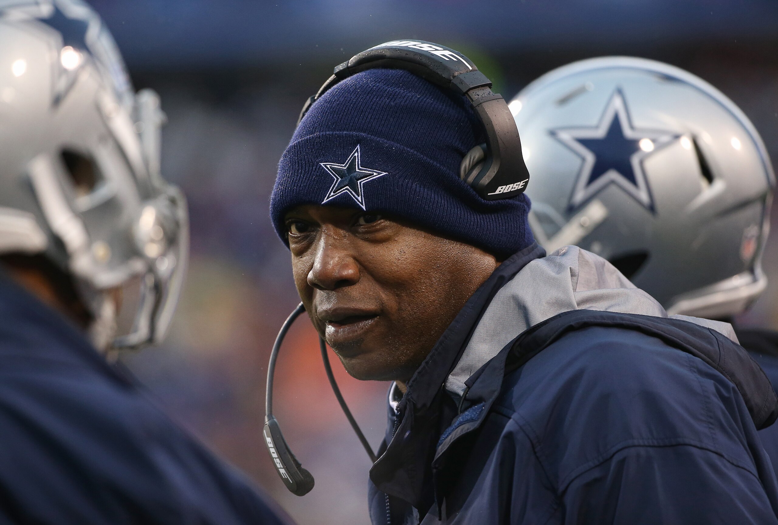 ORCHARD PARK, NY - DECEMBER 27: Defensive tackles coach Leon Lett of the Dallas Cowboys talks to players on the sideline against the Buffalo Bills during NFL game action at Ralph Wilson Stadium on December 27, 2015 in Orchard Park, New York. (Photo by Tom Szczerbowski/Getty Images)