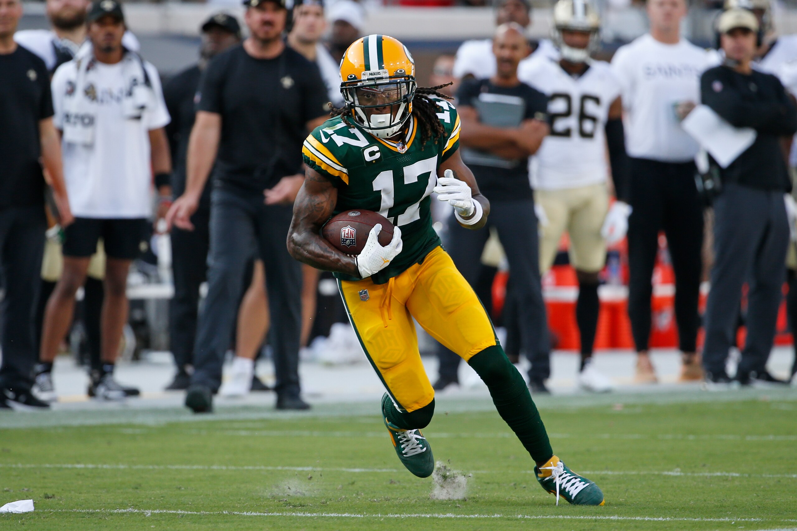 Green Bay Packers wide receiver Davante Adams runs against the New Orleans Saints during the second half of an NFL football game, Sunday, Sept. 12, 2021, in Jacksonville, Fla. (AP Photo/Stephen B. Morton)