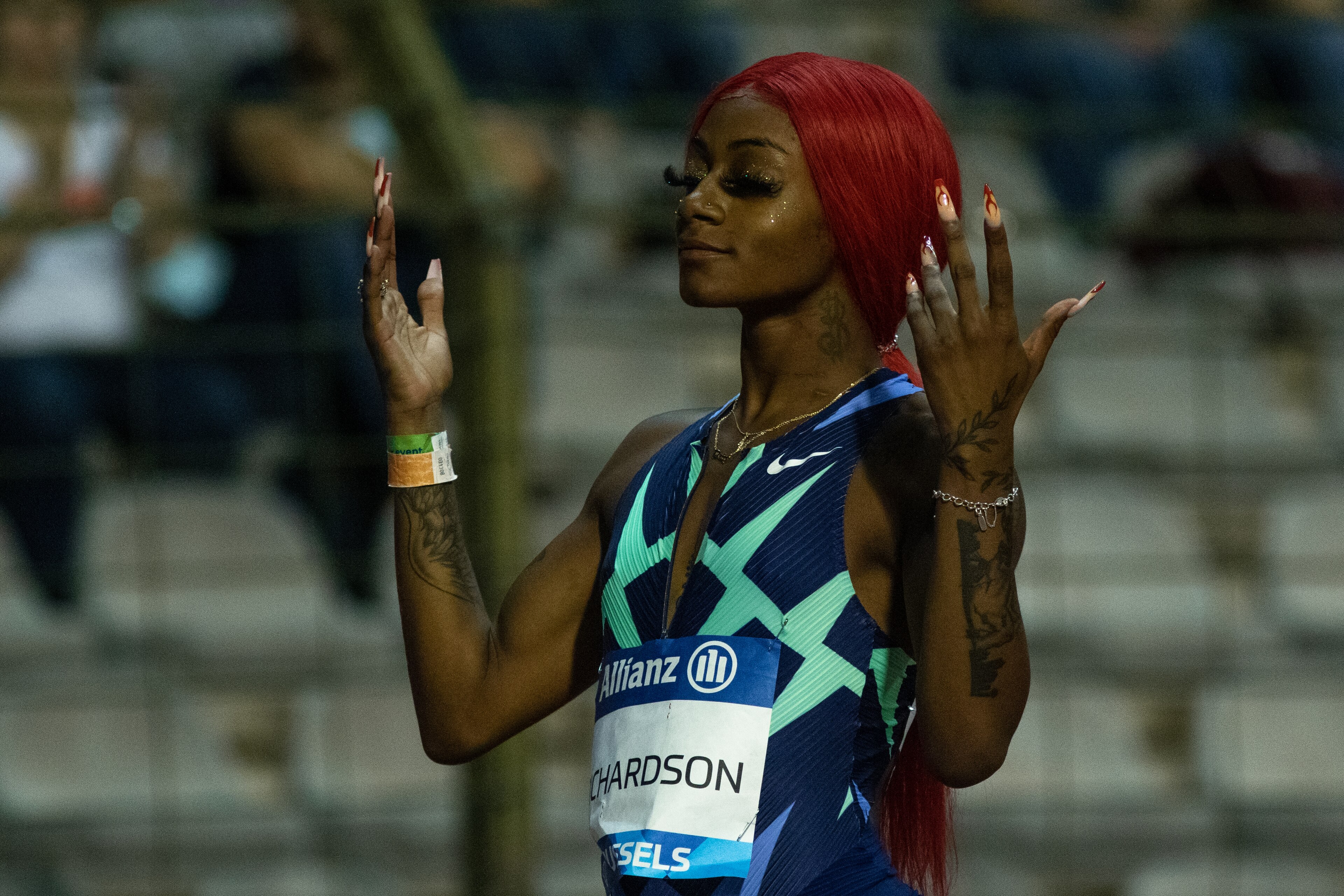 BRUSSELS, BELGIUM - SEPTEMBER 03: Sha'Carri Richardson of The United States during the women's 200m of the Wanda Diamond League Memorial Van Damme at King Baudouin Stadium on September 3, 2021 in Brussels, Belgium. (Photo by Jorge Luis Alvarez Pupo/Getty Images)