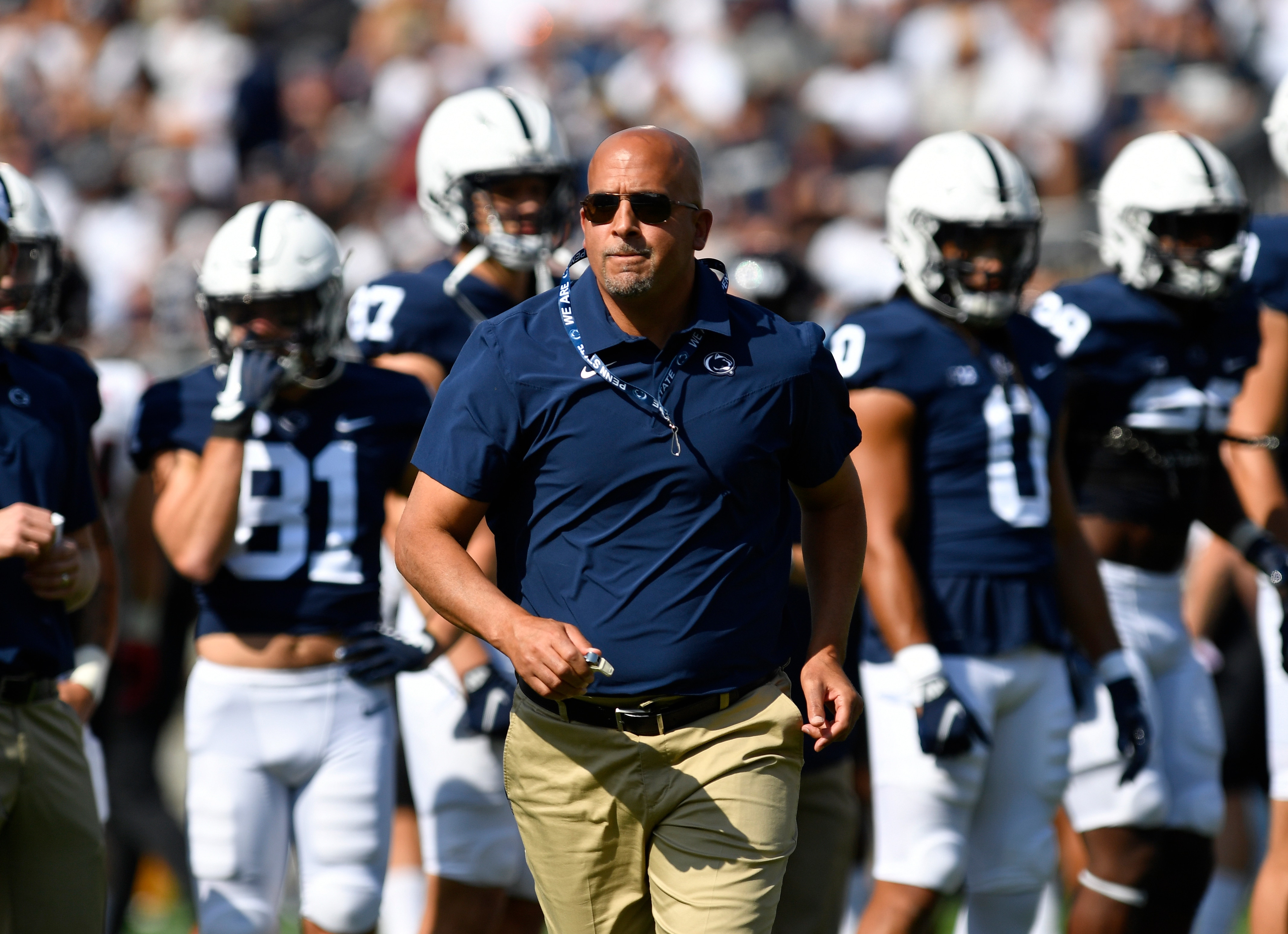 UNIVERSITY PARK, PA - SEPTEMBER 11:  Penn State head coach James Franklin runs before the Ball State Cardinals versus Penn State Nittany Lions game on September 11, 2021 at Beaver Stadium in University Park, PA. (Photo by Randy Litzinger/Icon Sportswire via Getty Images)