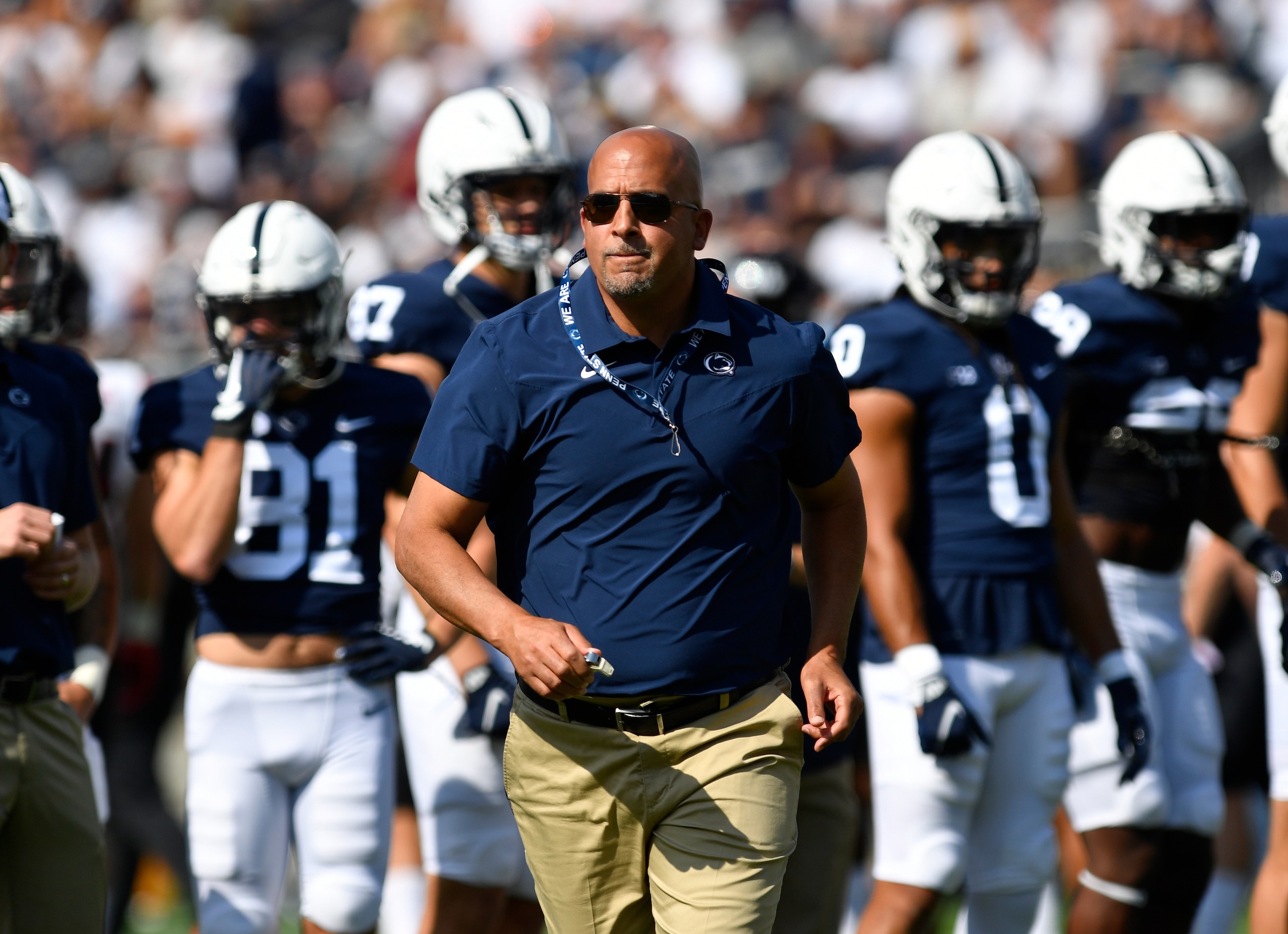 UNIVERSITY PARK, PA - SEPTEMBER 11:  Penn State head coach James Franklin runs before the Ball State Cardinals versus Penn State Nittany Lions game on September 11, 2021 at Beaver Stadium in University Park, PA. (Photo by Randy Litzinger/Icon Sportswire via Getty Images)