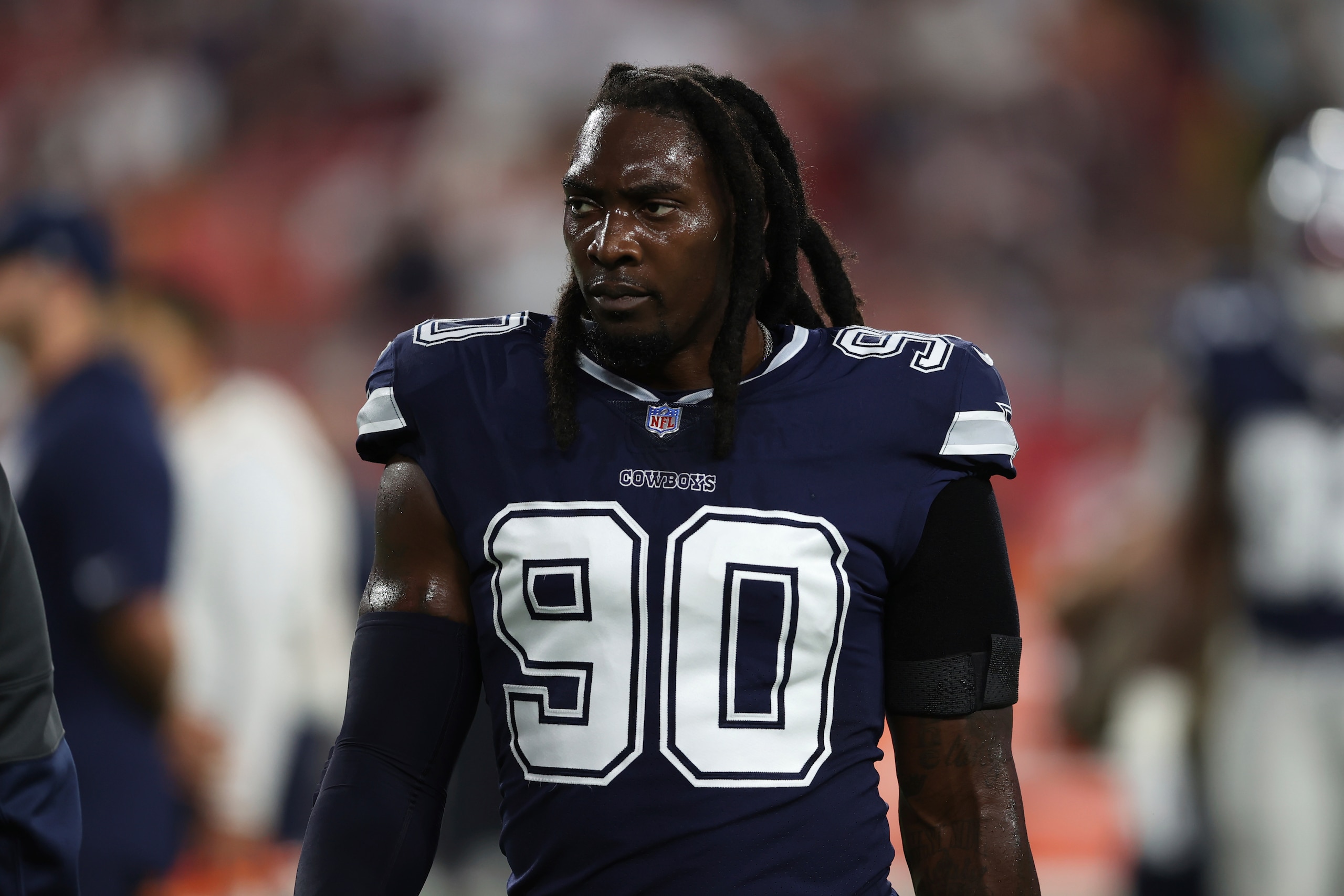 Dallas Cowboys defensive end DeMarcus Lawrence (90) during the first half of an NFL football game against the Tampa Bay Buccaneers Thursday, Sept. 9, 2021, in Tampa, Fla. (AP Photo/Mark LoMoglio)
