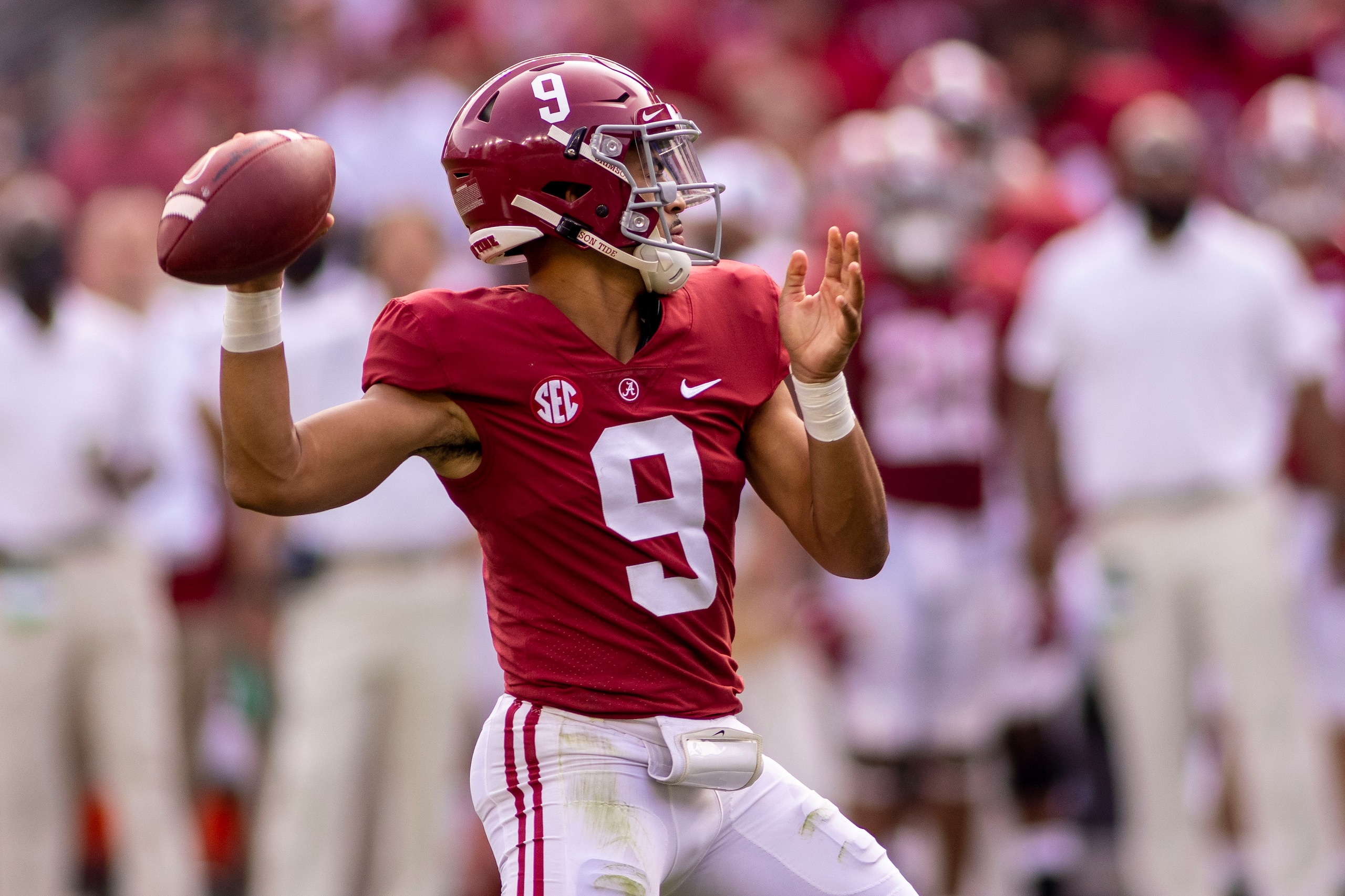 Alabama quarterback Bryce Young (9) throws during the second half of an NCAA college football game against Mercer, Saturday, Sept. 11, 2021, in Tuscaloosa, Ala. (AP Photo/Vasha Hunt) Alabama quarterback Bryce Young (9) throws during the second half of an NCAA college football game against Mercer, Saturday, Sept. 11, 2021, in Tuscaloosa, Ala. (AP Photo/Vasha Hunt)