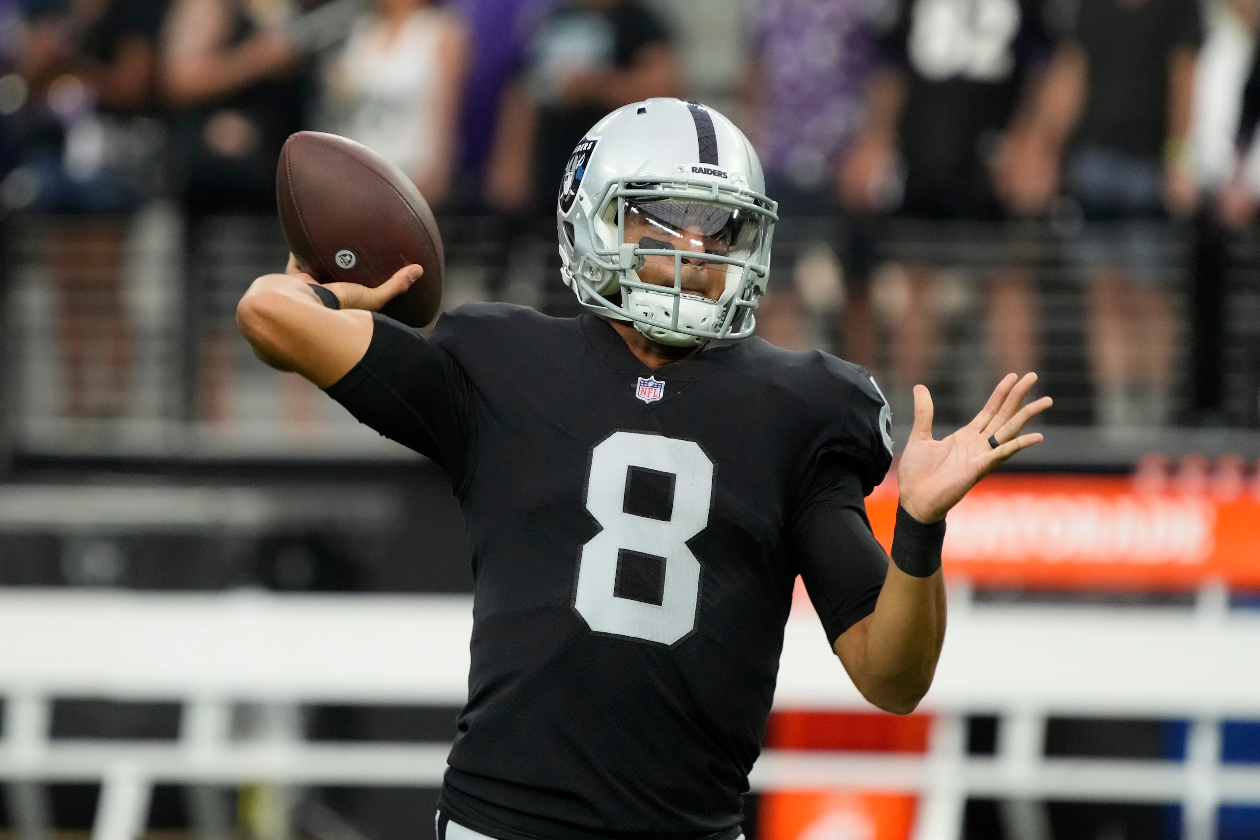 Las Vegas Raiders quarterback Marcus Mariota (8) during an NFL football game against the Baltimore Ravens, Monday, Sept. 13, 2021, in Las Vegas. (AP Photo/Rick Scuteri)