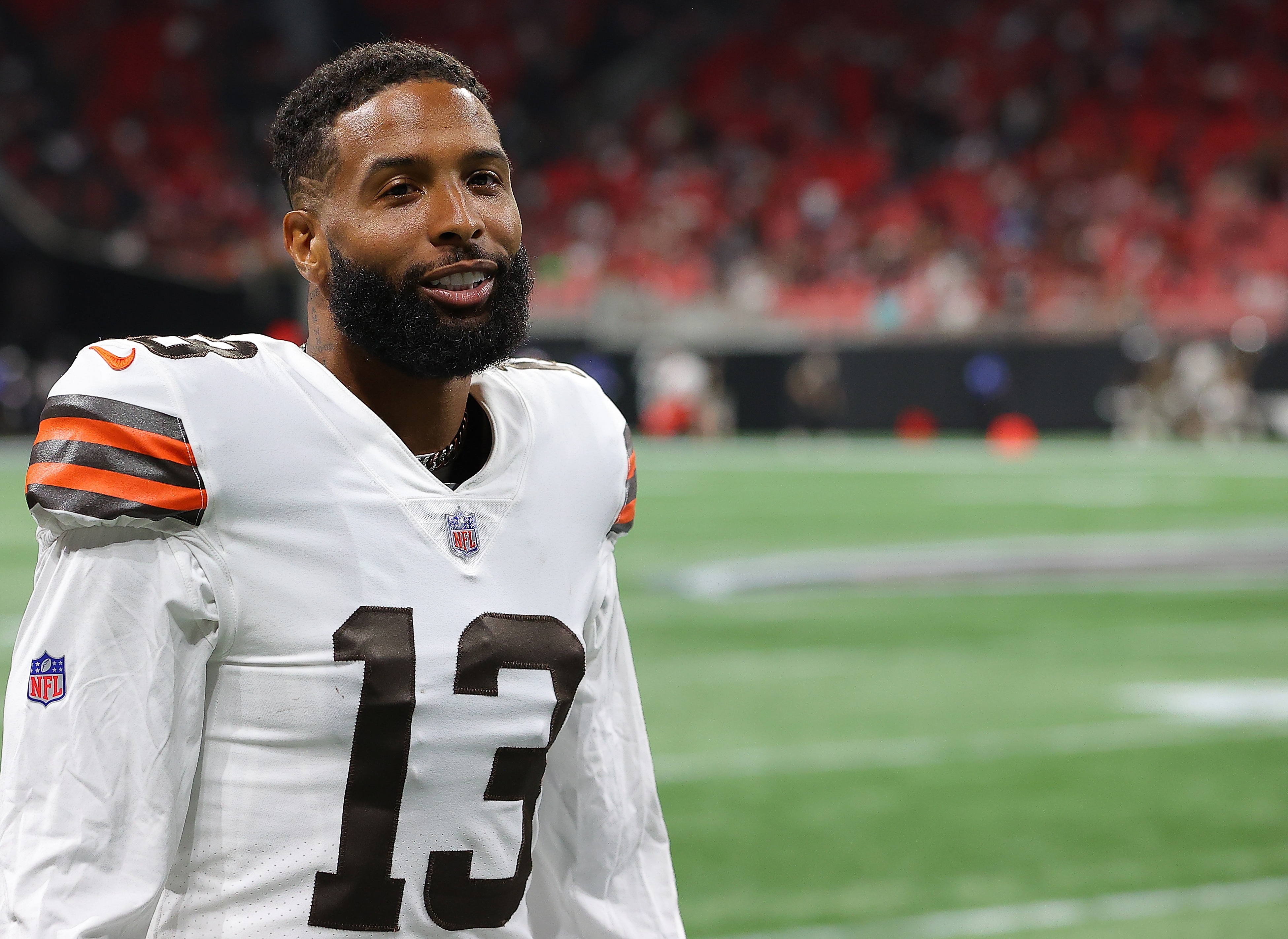 ATLANTA, GEORGIA - AUGUST 29:  Odell Beckham Jr. #13 of the Cleveland Browns walks off the field after the first half against the Atlanta Falcons at Mercedes-Benz Stadium on August 29, 2021 in Atlanta, Georgia. (Photo by Kevin C. Cox/Getty Images)