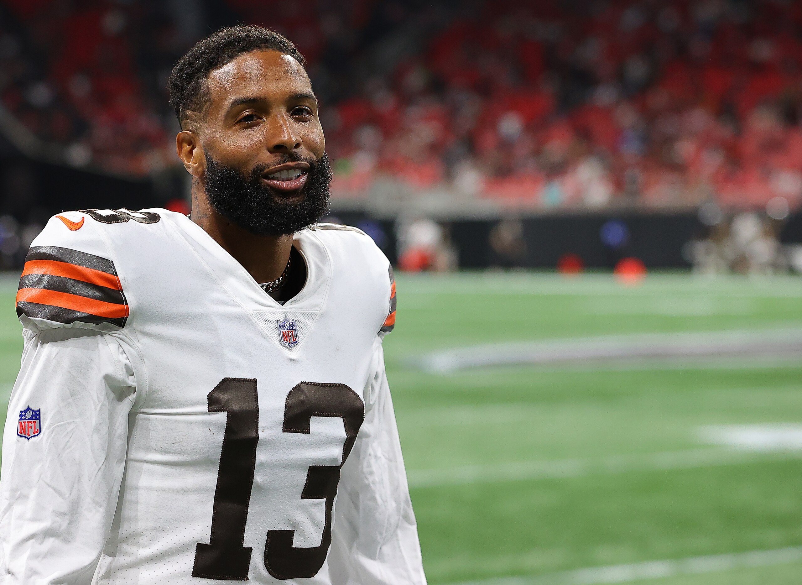 ATLANTA, GEORGIA - AUGUST 29:  Odell Beckham Jr. #13 of the Cleveland Browns walks off the field after the first half against the Atlanta Falcons at Mercedes-Benz Stadium on August 29, 2021 in Atlanta, Georgia. (Photo by Kevin C. Cox/Getty Images)