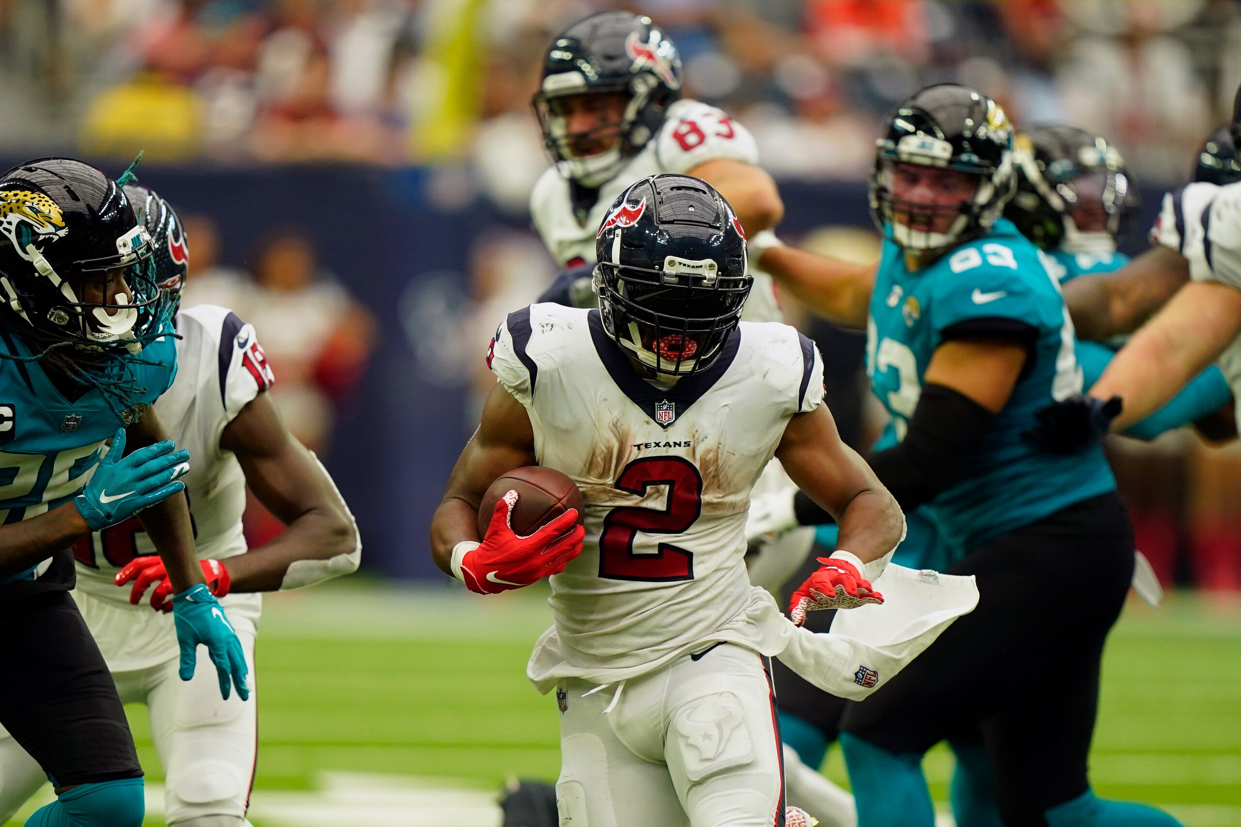Houston Texans running back Mark Ingram II (2) rushes for a gain against the Jacksonville Jaguars during the second half of an NFL football game Sunday, Sept. 12, 2021, in Houston. (AP Photo/Eric Christian Smith)