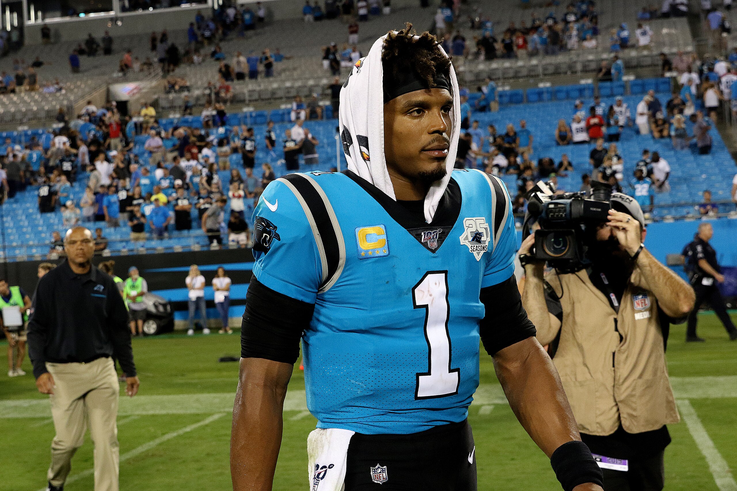 CHARLOTTE, NC - SEPTEMBER 12: Cam Newton (1) quarterback of Carolina during a NFL football game between the Tampa Bay Buccaneers and the Carolina Panthers on September 12, 2019, at Bank of America Stadium in Charlotte, N.C. (Photo by John Byrum/Icon Sportswire via Getty Images)