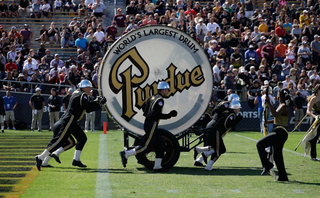 The Purdue band in action during the first half of an NCAA college football game against Virginia Tech, Saturday, Sept. 19, 2015 in West Lafayette, Ind. (AP Photo/Darron Cummings)
