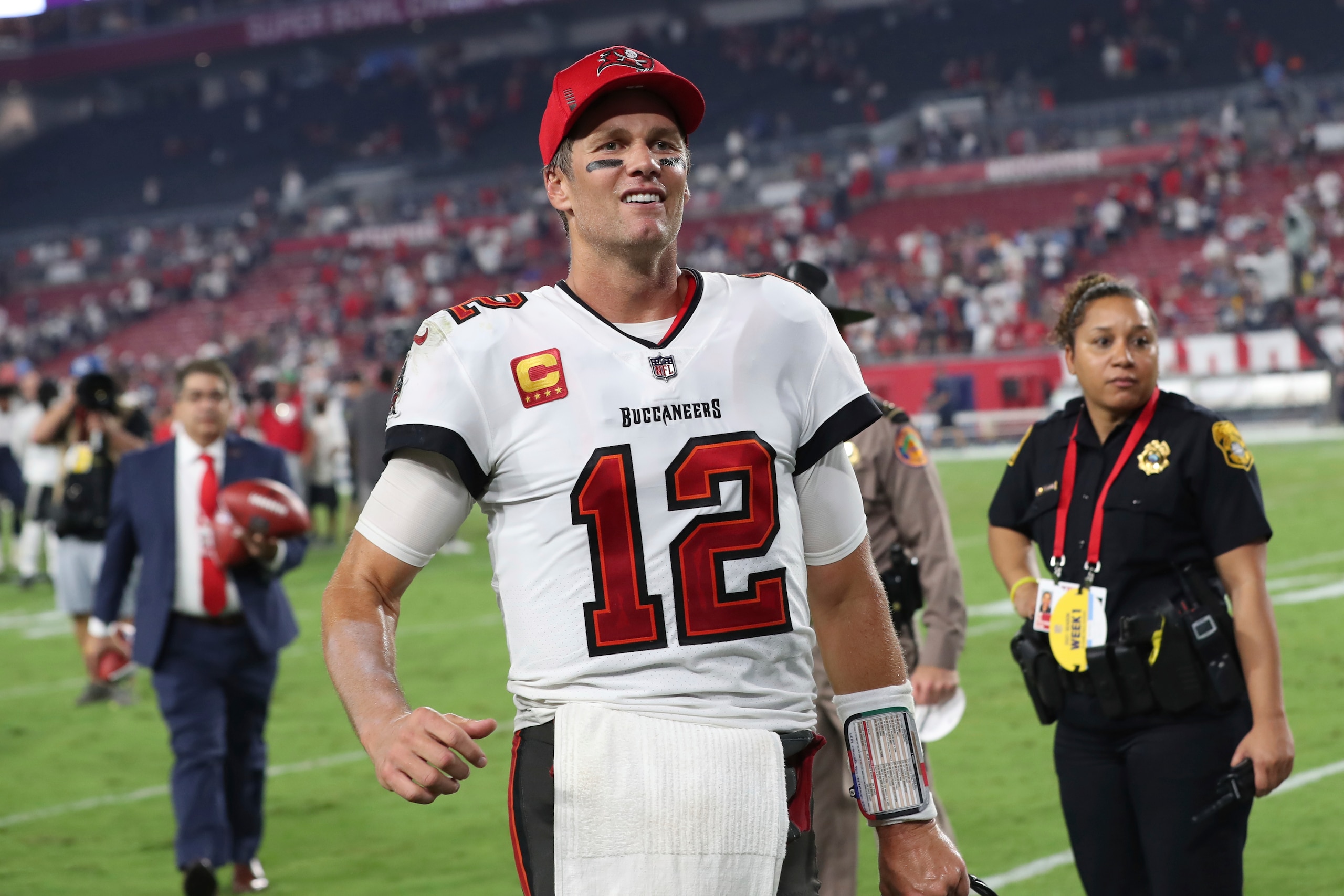 Tampa Bay Buccaneers quarterback Tom Brady (12) leaves the field after a game against the Dallas Cowboys during an NFL football game Friday, Sept. 10, 2021, in Tampa, Fla. (AP Photo/Mark LoMoglio)