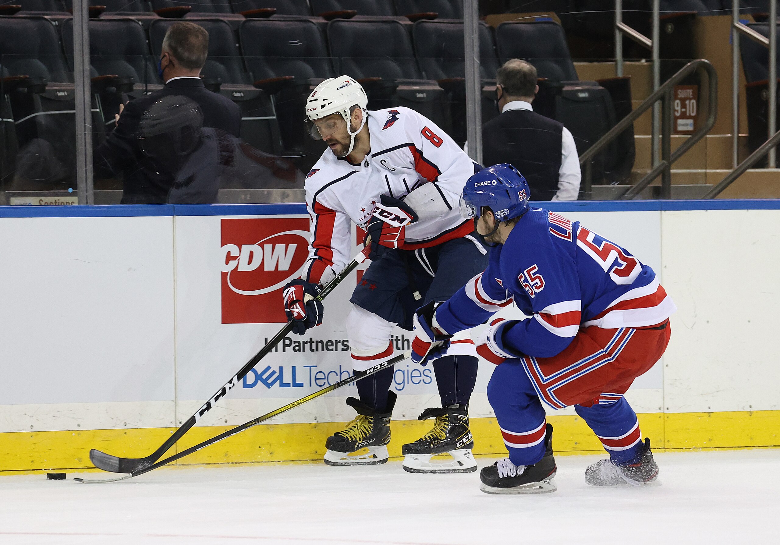 NEW YORK, NEW YORK - MARCH 30: Alex Ovechkin #8 of the Washington Capitals skates against Ryan Lindgren #55 of the New York Rangers  during their game at Madison Square Garden on March 30, 2021 in New York City. (Photo by Al Bello/Getty Images)