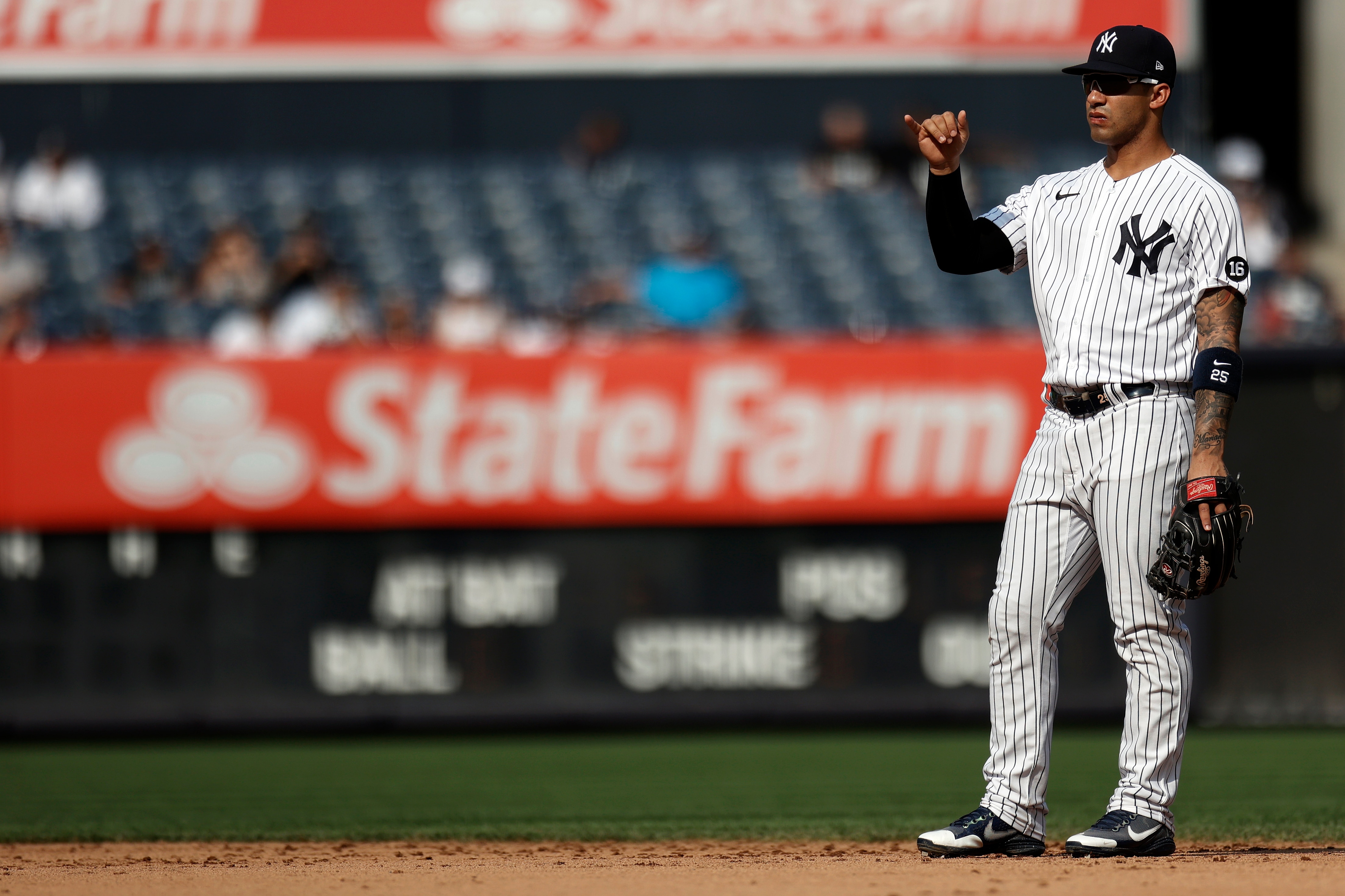 New York Yankees second baseman Gleyber Torres gestures against the Minnesota Twins during the sixth inning of a baseball game on Monday, Sept. 13, 2021, in New York. (AP Photo/Adam Hunger)