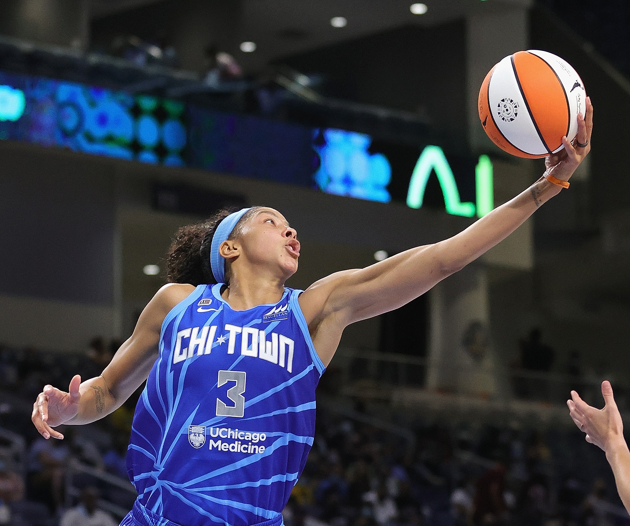 CHICAGO, ILLINOIS - SEPTEMBER 05: Candace Parker #3 of the Chicago Sky rebounds against the Las Vegas Aces at Wintrust Arena on September 05, 2021 in Chicago, Illinois. (Photo by Jonathan Daniel/Getty Images)