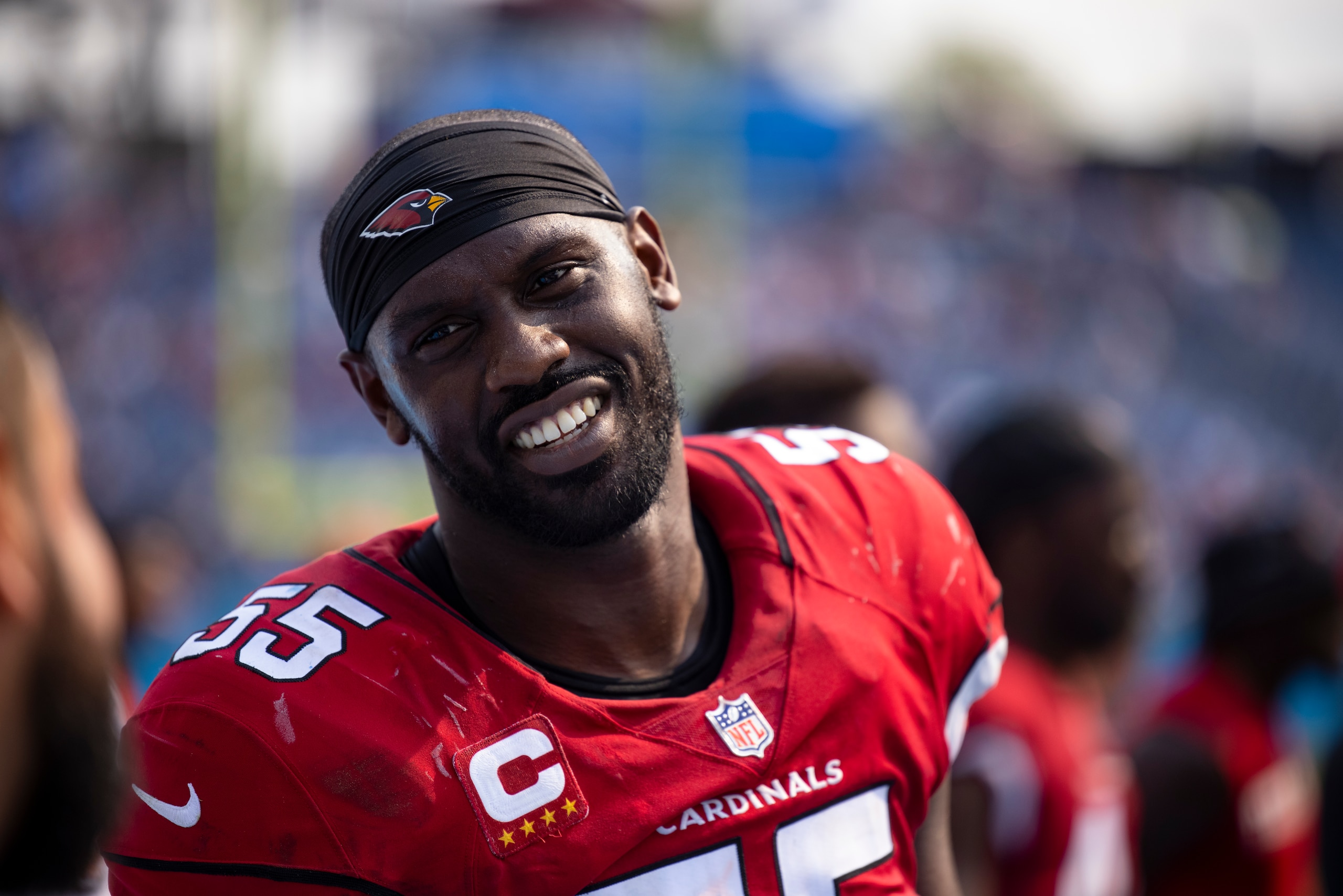 Arizona Cardinals linebacker Chandler Jones (55) walks in the bench area during the second half of an NFL football game against the Tennessee Titans, Sunday, Sep. 12, 2021, in Nashville, Tenn. (AP Photo/Brett Carlsen)