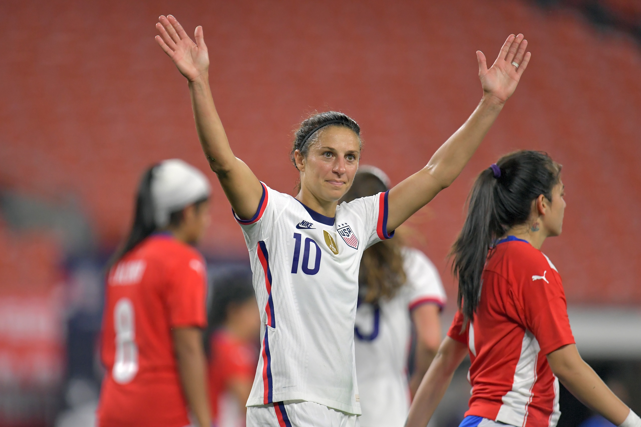 CLEVELAND, OHIO - SEPTEMBER 16: Forward Carli Lloyd #10 of Team United States celebrates after scoring her third of four goals during the first half against Paraguay during the first half at FirstEnergy Stadium on September 16, 2021 in Cleveland, Ohio. (Photo by Jason Miller/Getty Images)