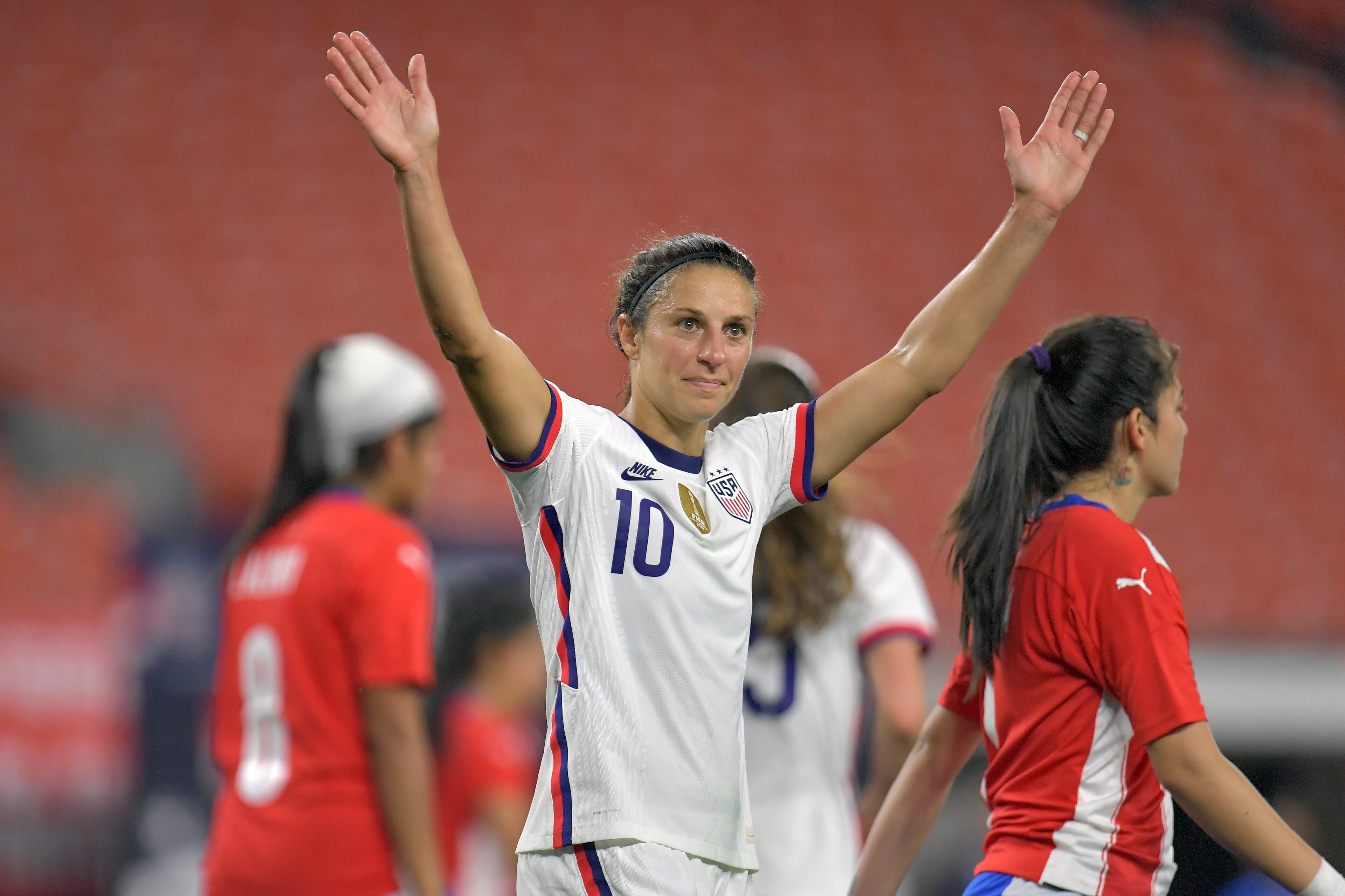CLEVELAND, OHIO - SEPTEMBER 16: Forward Carli Lloyd #10 of Team United States celebrates after scoring her third of four goals during the first half against Paraguay during the first half at FirstEnergy Stadium on September 16, 2021 in Cleveland, Ohio. (Photo by Jason Miller/Getty Images)