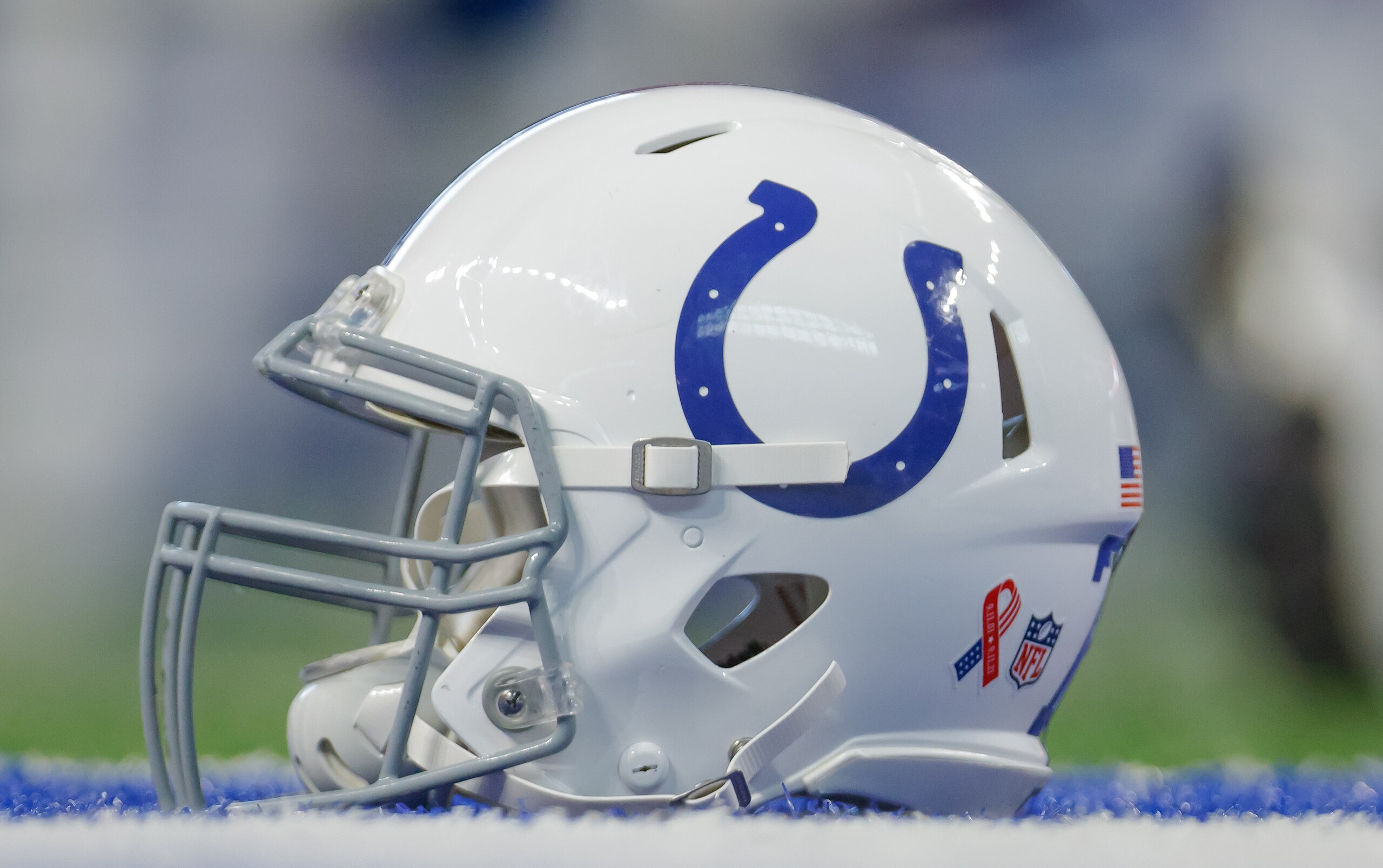 INDIANAPOLIS, IN - SEPTEMBER 12: An Indianapolis Colts helmet is seen before the game against the Seattle Seahawks at Lucas Oil Stadium on September 12, 2021 in Indianapolis, Indiana. (Photo by Michael Hickey/Getty Images)