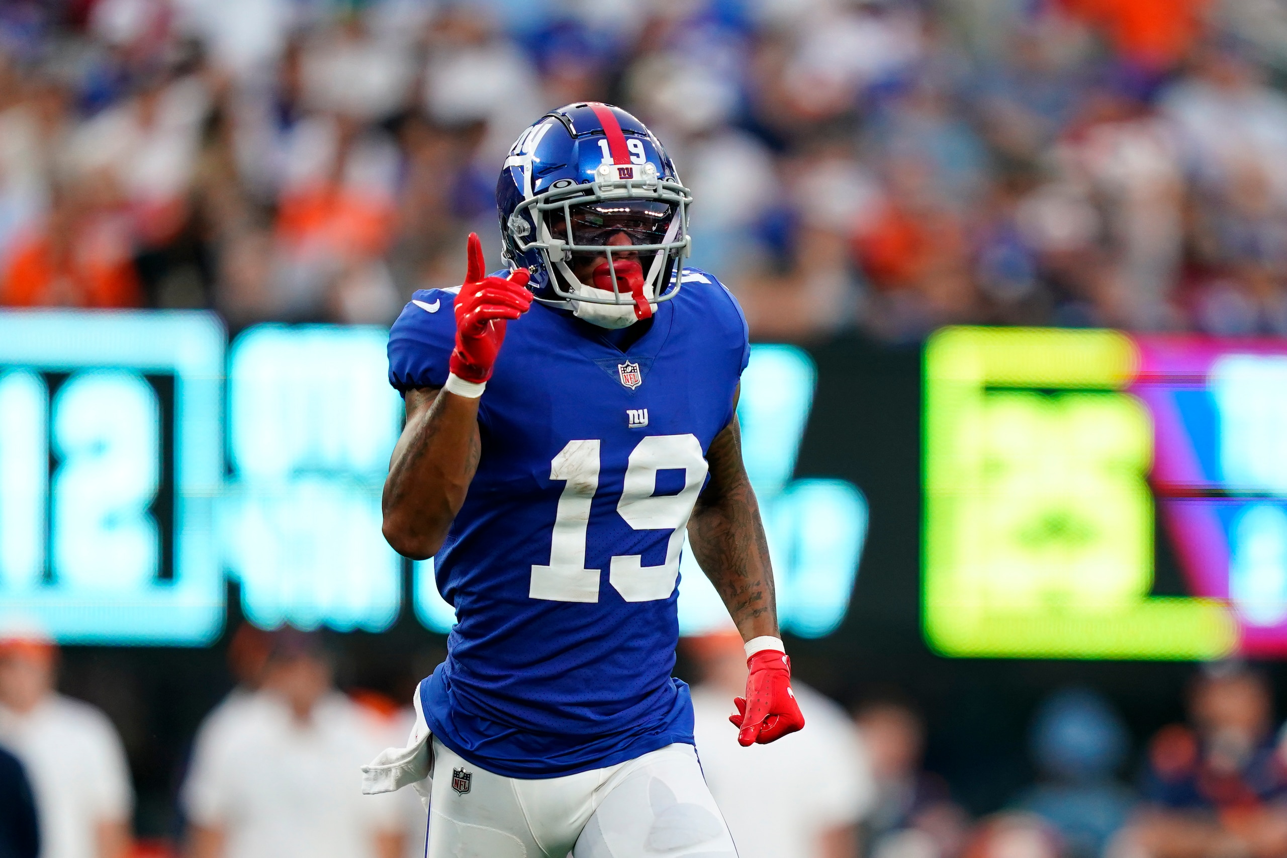 New York Giants wide receiver Kenny Golladay in action during an NFL football game against the Denver Broncos Sunday, Sept. 12, 2021, in East Rutherford, N.J. (AP Photo/Matt Rourke) New York Giants wide receiver Kenny Golladay in action during an NFL football game against the Denver Broncos Sunday, Sept. 12, 2021, in East Rutherford, N.J. (AP Photo/Matt Rourke)