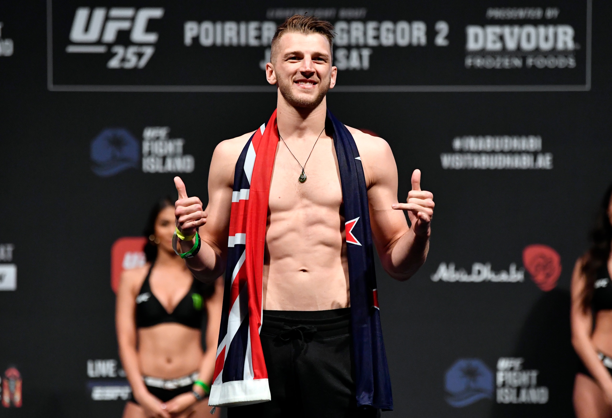 ABU DHABI, UNITED ARAB EMIRATES - JANUARY 22: Dan Hooker of New Zealand poses on the scale during the UFC 257 weigh-in at Etihad Arena on UFC Fight Island on January 22, 2021 in Abu Dhabi, United Arab Emirates. (Photo by Jeff Bottari/Zuffa LLC)