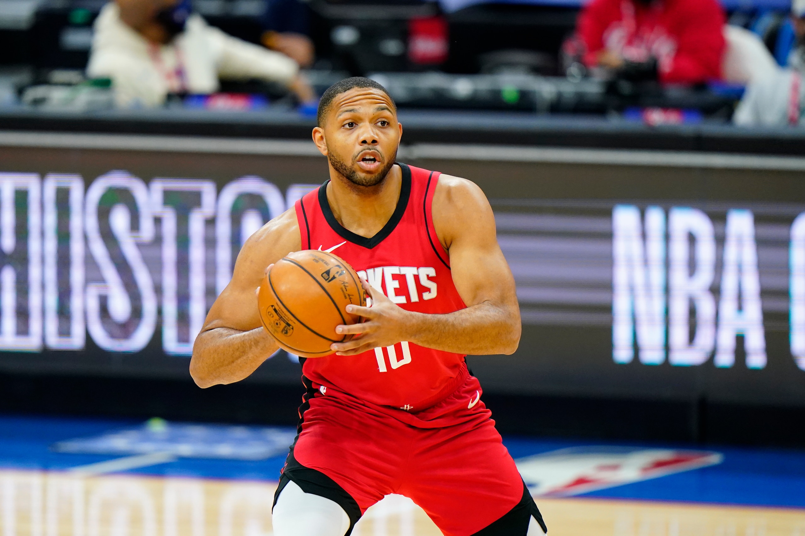 Houston Rockets' Eric Gordon plays during an NBA basketball game against the Philadelphia 76ers, Wednesday, Feb. 17, 2021, in Philadelphia. (AP Photo/Matt Slocum)