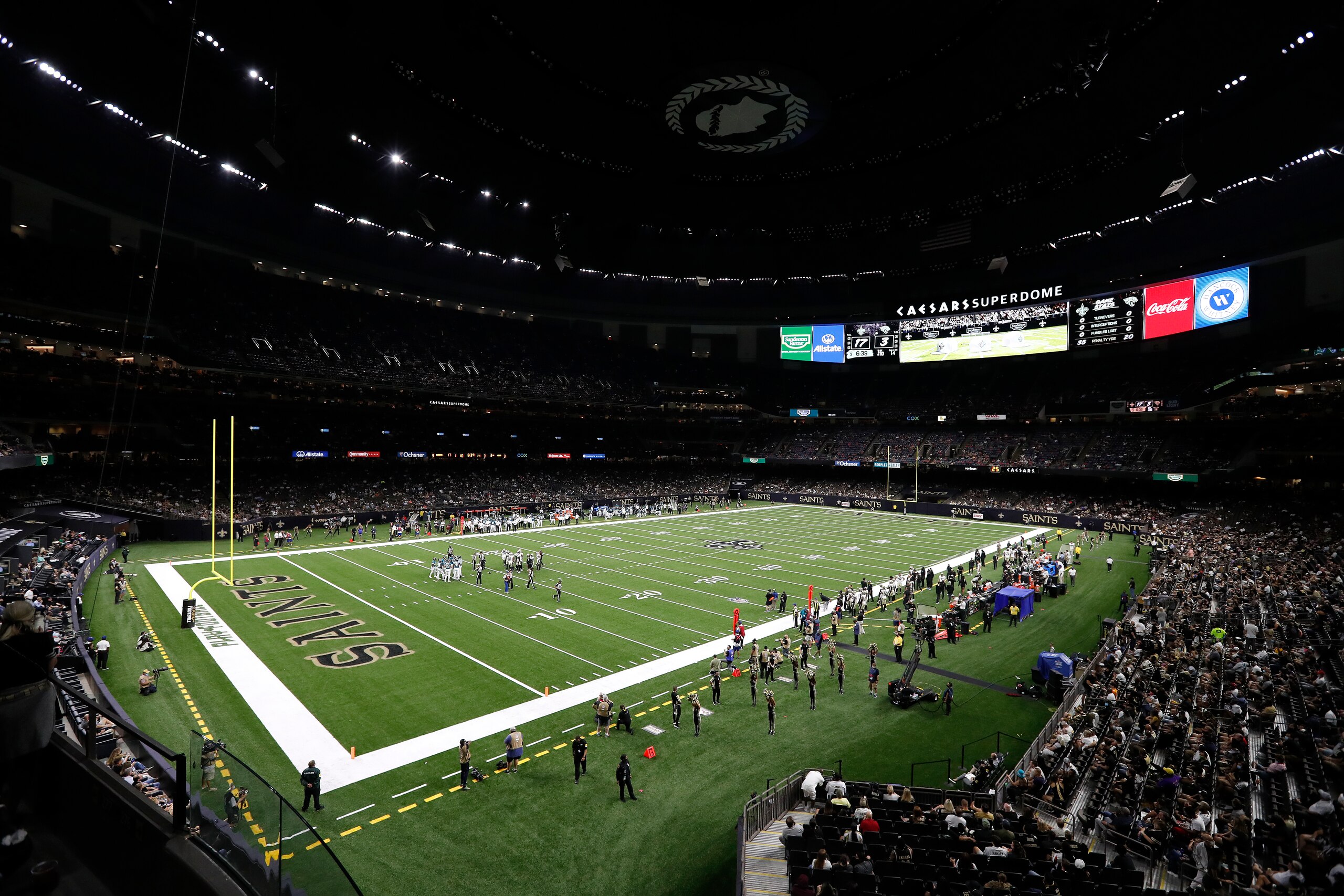A general view during a preseason NFL football game, Monday between the New Orleans Saints and the Jacksonville Jaguars, Aug. 23, 2021, in New Orleans. (AP Photo/Tyler Kaufman)