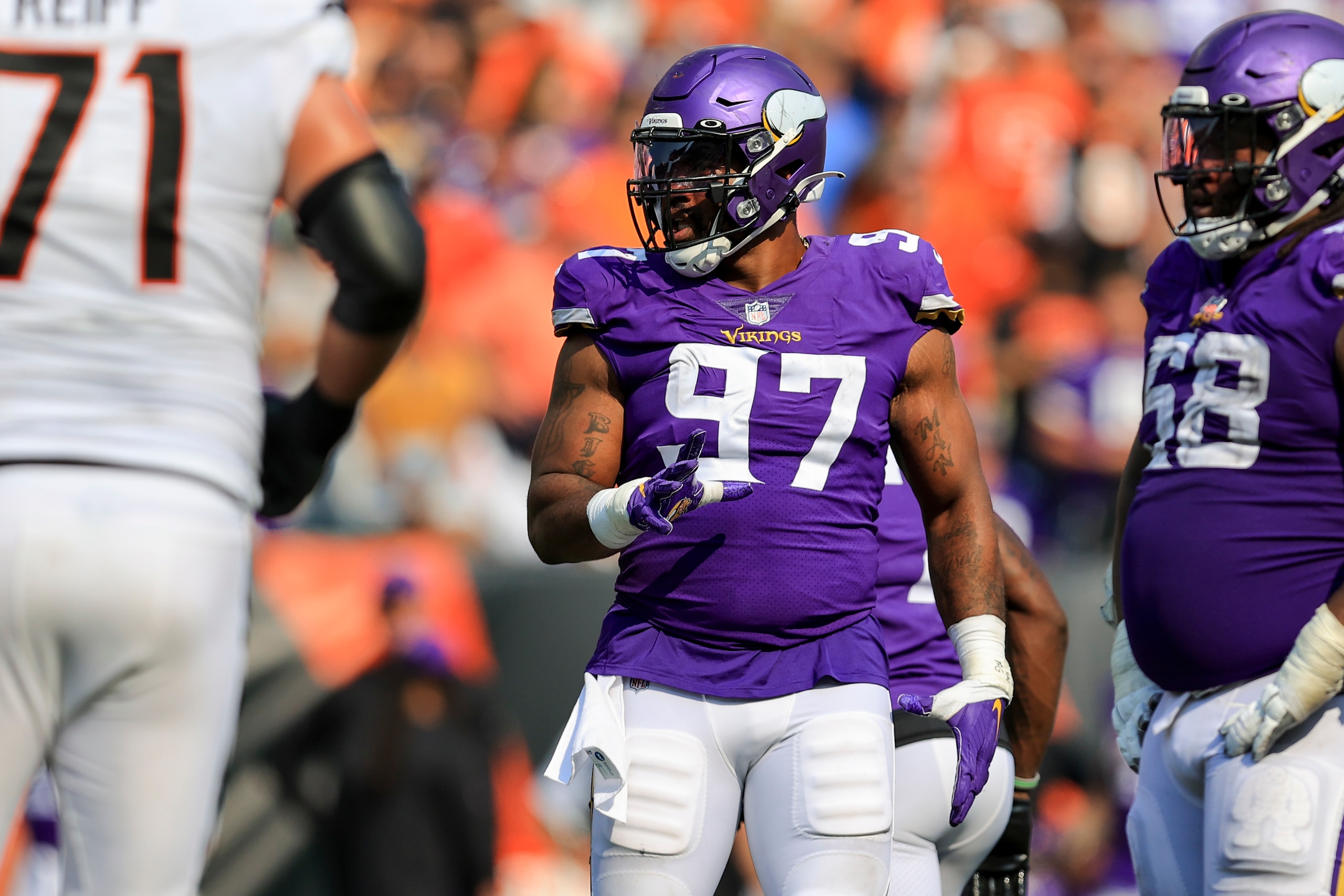 Minnesota Vikings defensive end Everson Griffen (97) plays the field against the Cincinnati Bengals during an NFL football game, Sunday, Sept. 12, 2021, in Cincinnati. The Bengals won 27-24. (AP Photo/Aaron Doster)