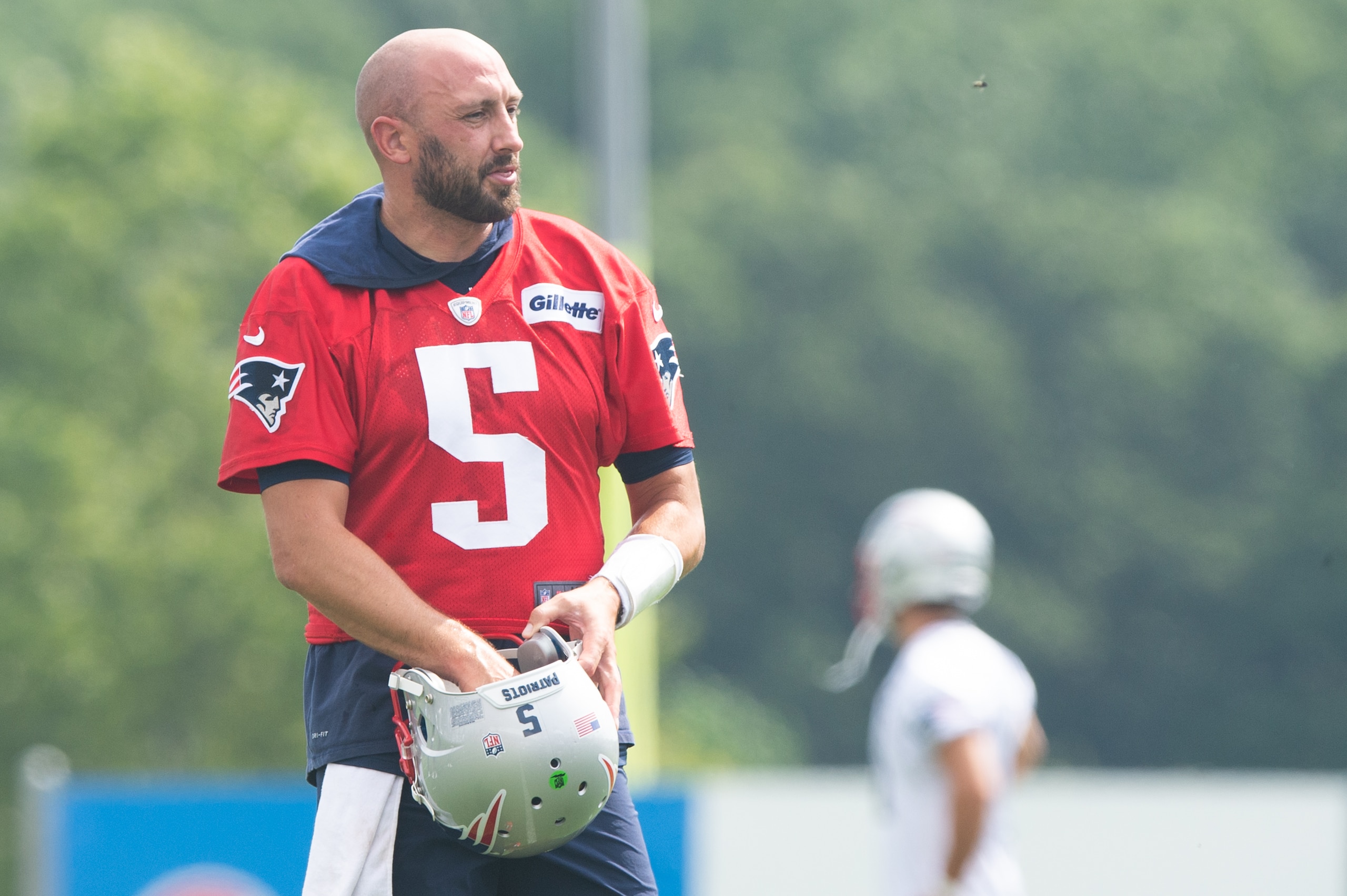 FOXBOROUGH, MA - JULY 29, 2021: Brian Hoyer #5 of the New England Patriots during training camp at Gillette Stadium on July 29, 2021 in Foxborough, Massachusetts. (Photo by Kathryn Riley/Getty Images)
