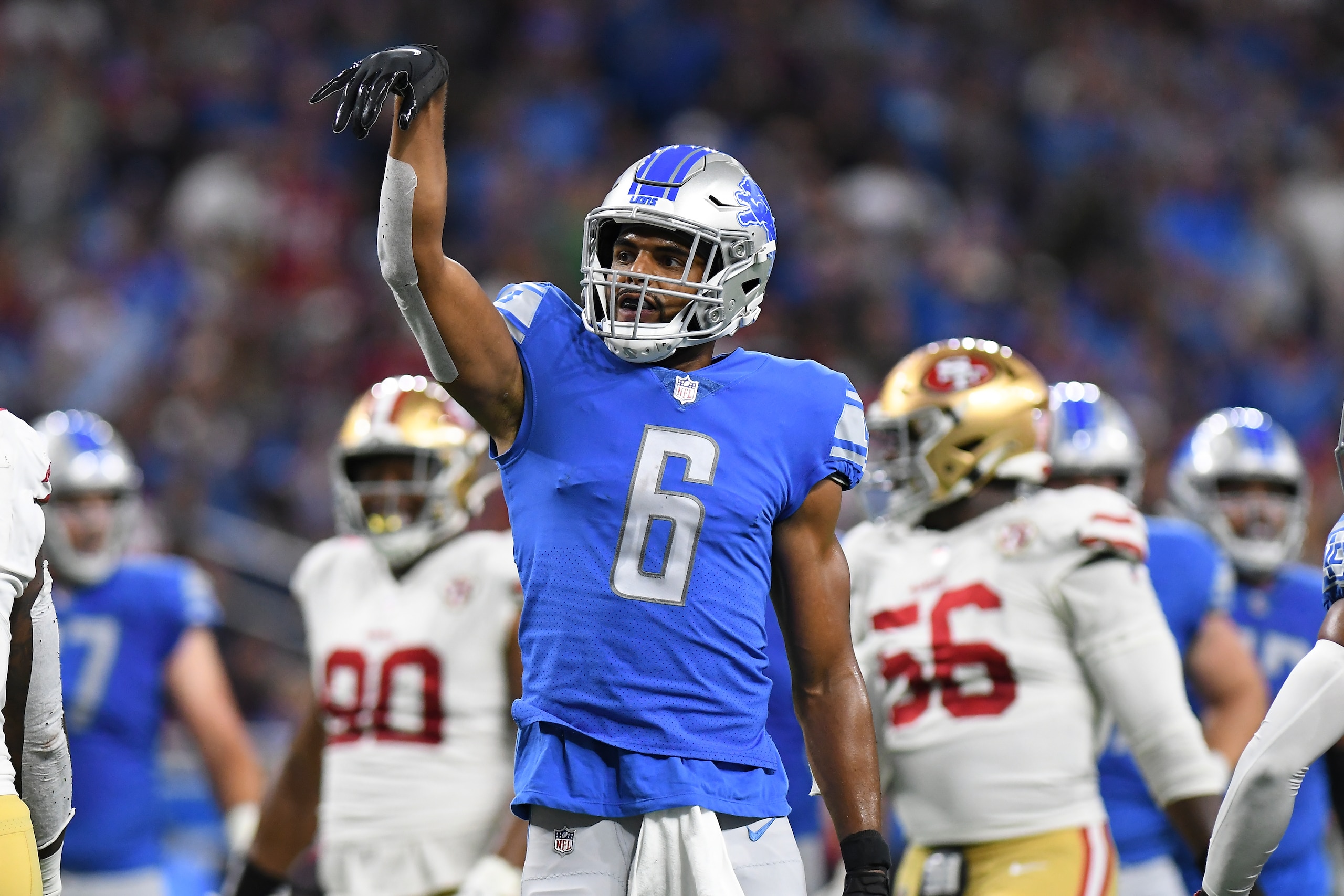 Detroit Lions wide receiver Tyrell Williams reacts to a catch against the San Francisco 49ers in the first half of an NFL football game in Detroit, Sunday, Sept. 12, 2021. (AP Photo/Lon Horwedel)