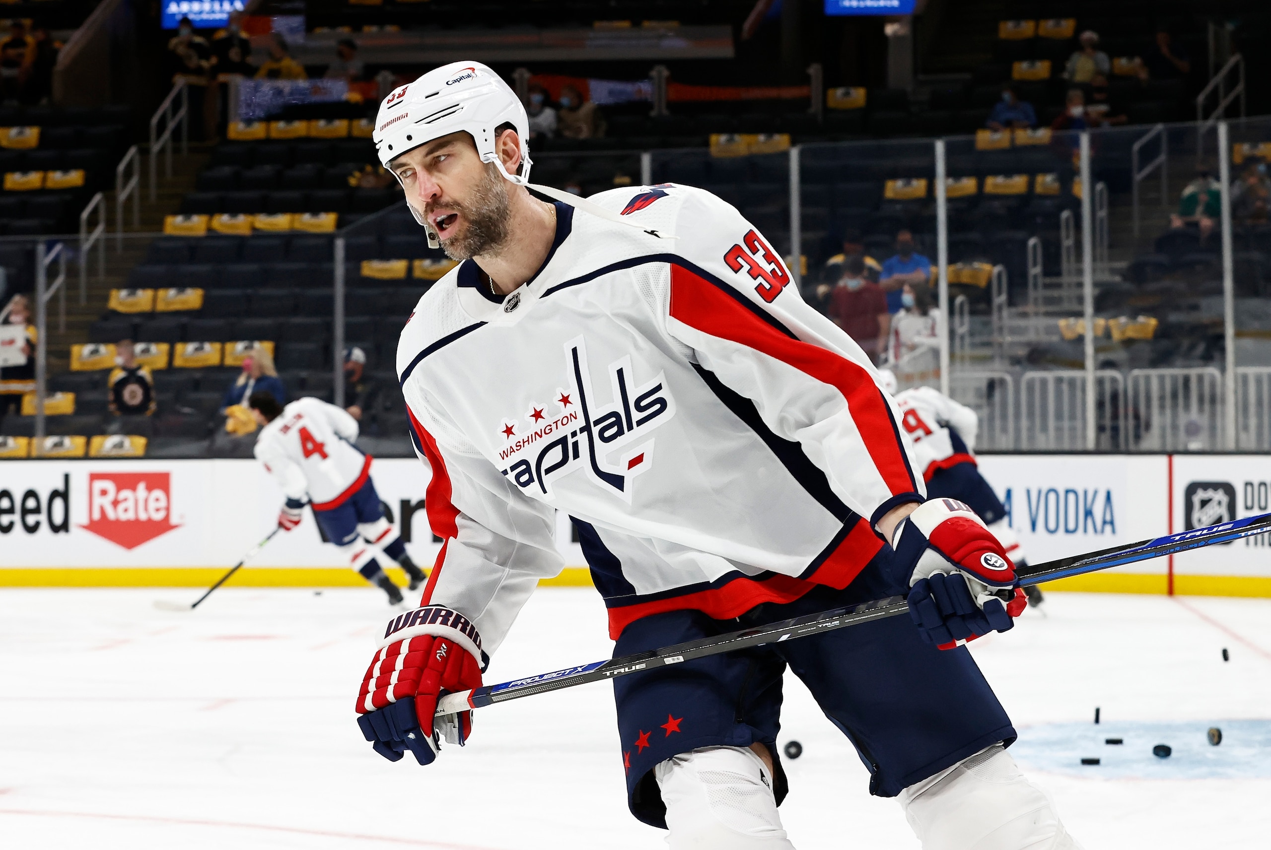 BOSTON, MA - MAY 21: Washington Capitals defenseman Zdeno Chara (33) skates in warm up before Game 4 of the NHL Stanley Cup Playoffs First Round between the Boston Bruins and the Washington Capitals on May 21, 2021, at TD Garden in Boston, Massachusetts. (Photo by Fred Kfoury III/Icon Sportswire via Getty Images) BOSTON, MA - MAY 21: Washington Capitals defenseman Zdeno Chara (33) skates in warm up before Game 4 of the NHL Stanley Cup Playoffs First Round between the Boston Bruins and the Washington Capitals on May 21, 2021, at TD Garden in Boston, Massachusetts. (Photo by Fred Kfoury III/Icon Sportswire via Getty Images)