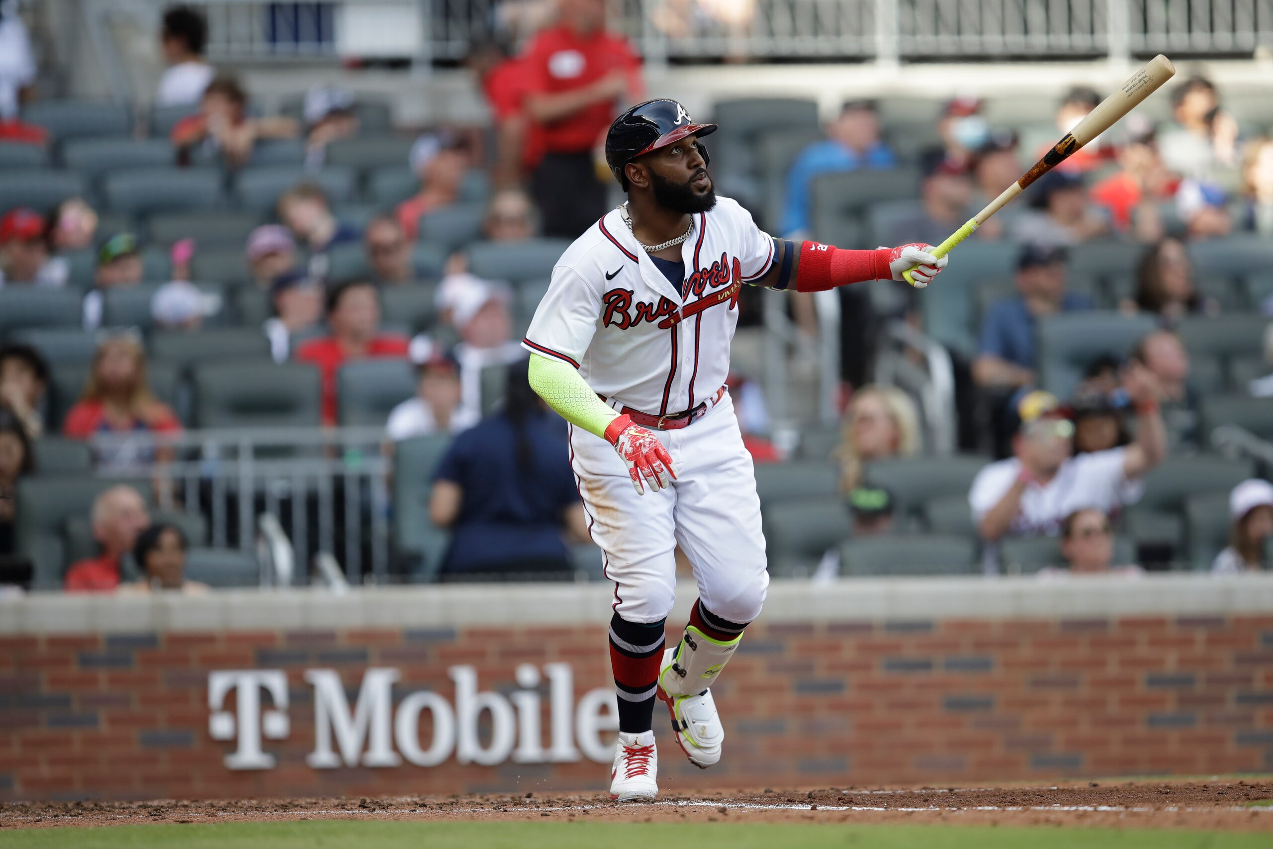 Atlanta Braves' Marcell Ozuna bats against the Pittsburgh Pirates during a baseball game Saturday, May 22, 2021, in Atlanta. (AP Photo/Ben Margot)