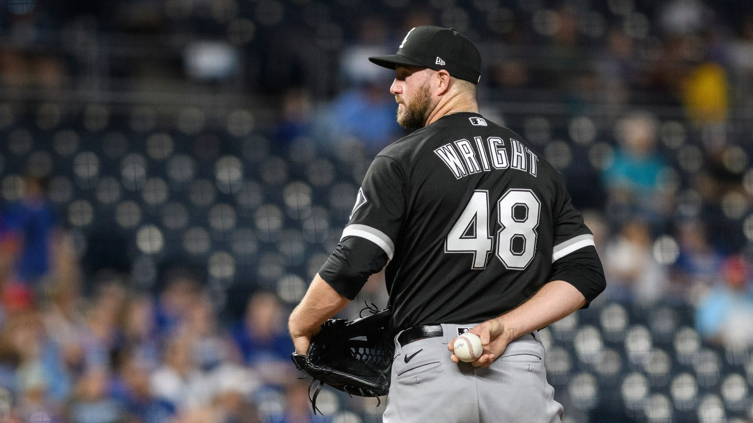 Chicago White Sox relief pitcher Mike Wright Jr. on the mound against the Kansas City Royals during the fifth inning of a baseball game, Friday, Sept. 3, 2021 in Kansas City, Mo. (AP Photo/Reed Hoffmann)