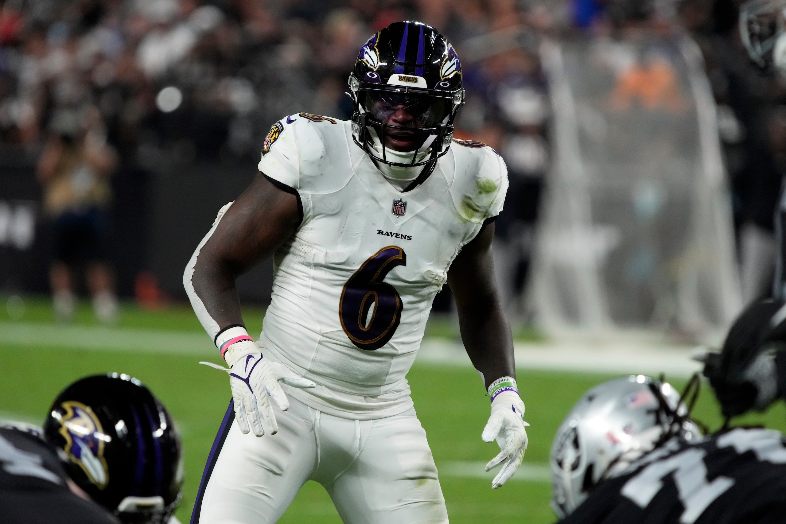 Baltimore Ravens linebacker Patrick Queen (6) during an NFL football game against the Las Vegas Raiders, Monday, Sept. 13, 2021, in Las Vegas. (AP Photo/Rick Scuteri) Baltimore Ravens linebacker Patrick Queen (6) during an NFL football game against the Las Vegas Raiders, Monday, Sept. 13, 2021, in Las Vegas. (AP Photo/Rick Scuteri)
