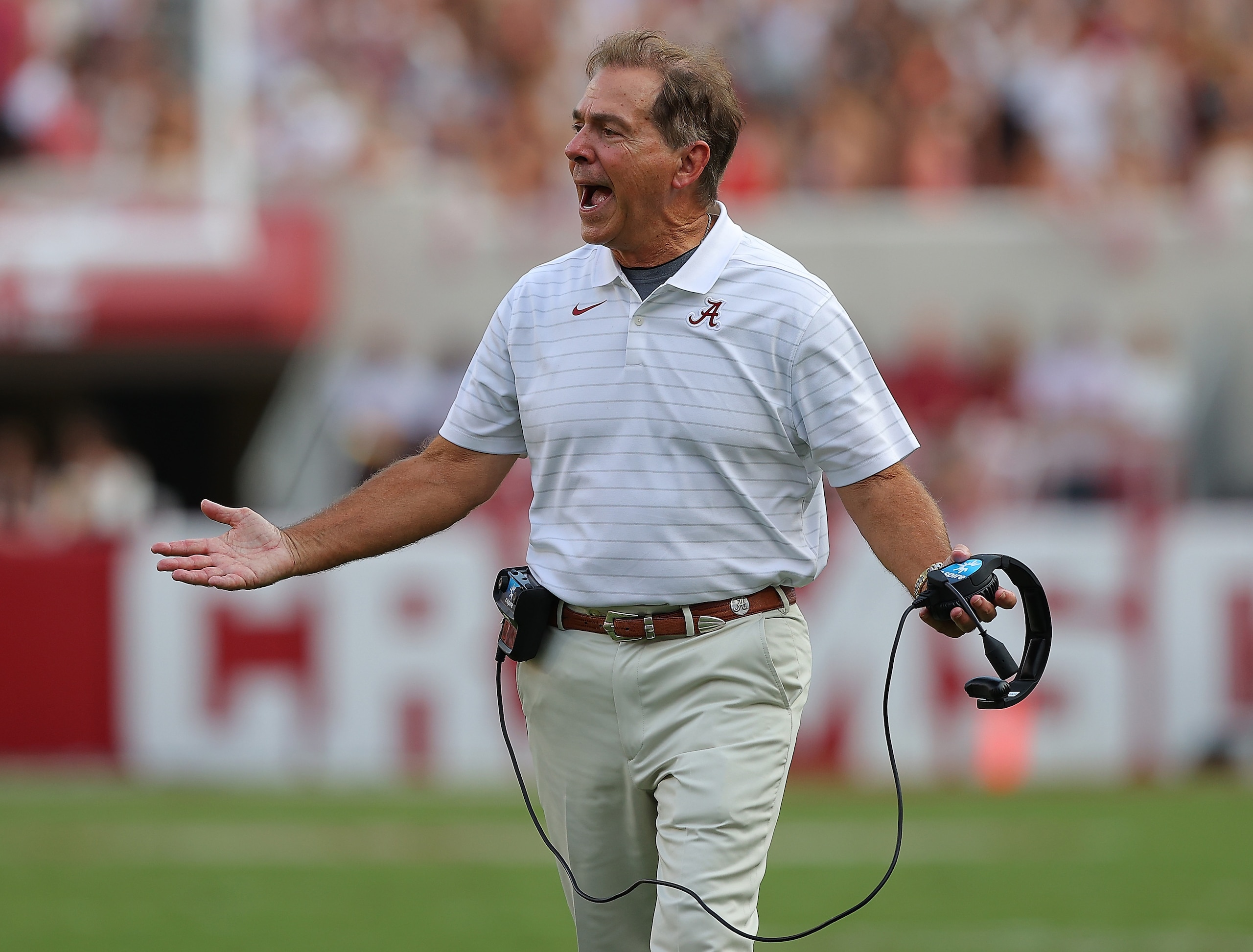 TUSCALOOSA, ALABAMA - SEPTEMBER 11:  Head coach Nick Saban of the Alabama Crimson Tide reacts to his defense after giving up a touchdown to the Mercer Bears during the second half at Bryant-Denny Stadium on September 11, 2021 in Tuscaloosa, Alabama. (Photo by Kevin C. Cox/Getty Images)