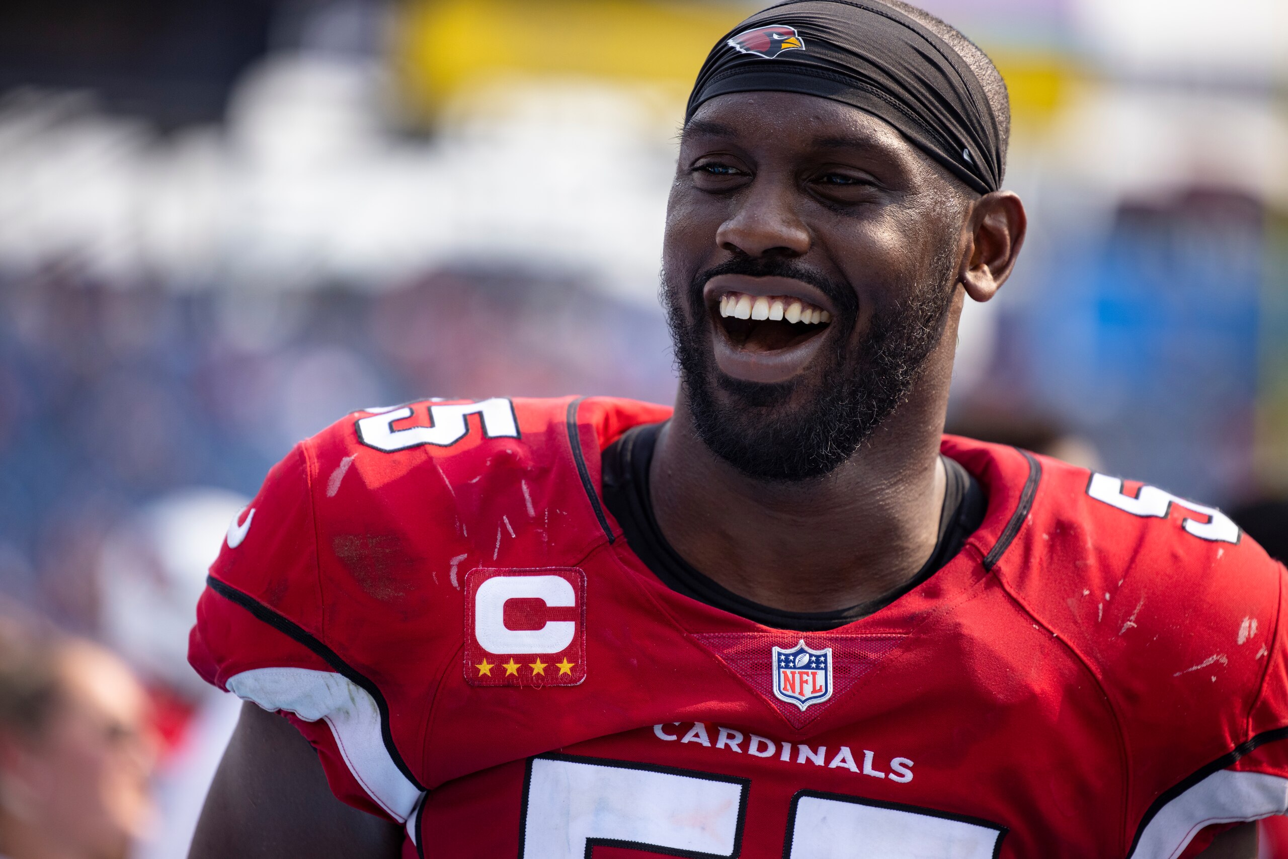 Arizona Cardinals linebacker Chandler Jones (55) walks in the bench area during the second half of an NFL football game against the Tennessee Titans, Sunday, Sep. 12, 2021, in Nashville, Tenn. (AP Photo/Brett Carlsen)
