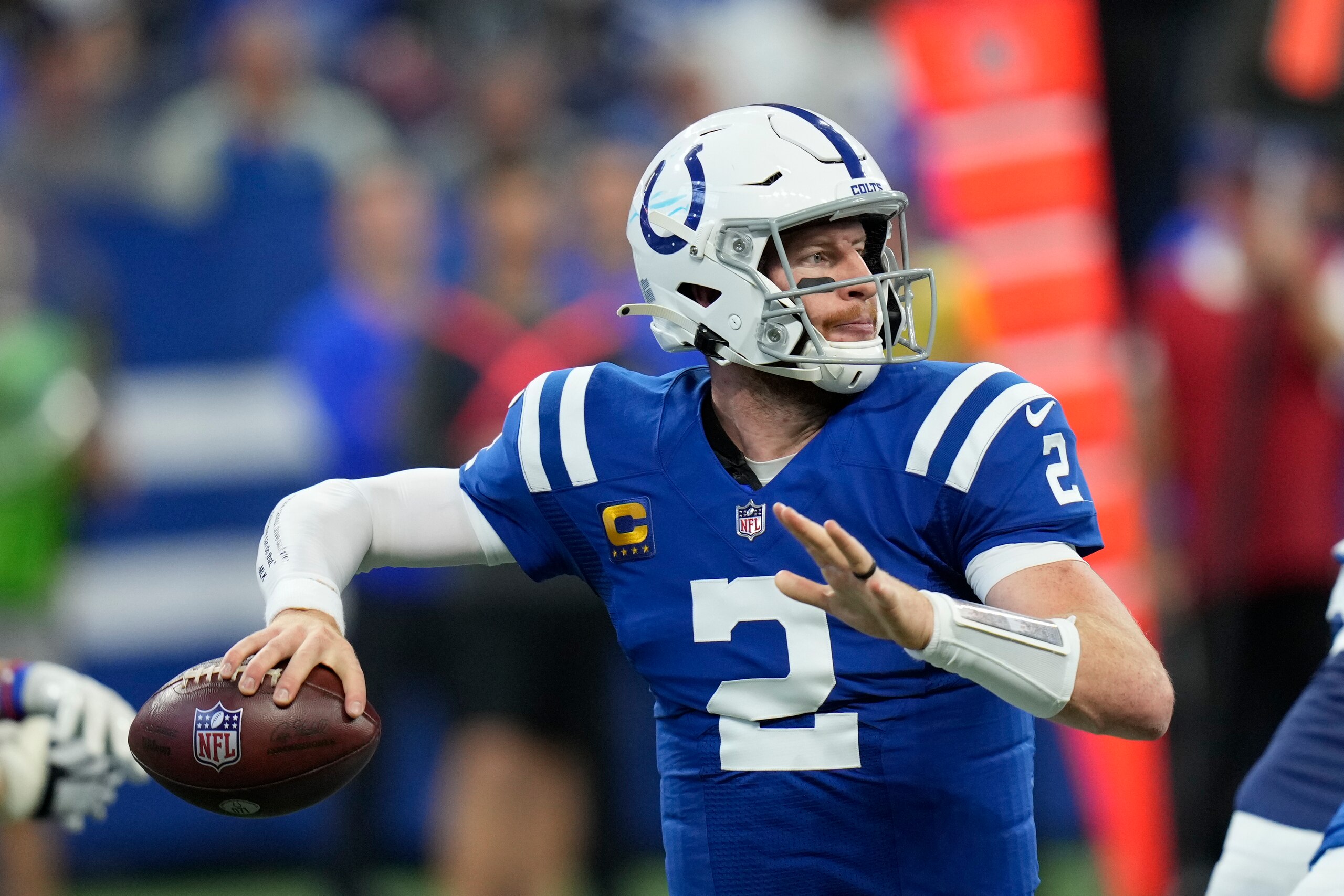 Indianapolis Colts quarterback Carson Wentz (2) throws during the first half of an NFL football game against the Los Angeles Rams, Sunday, Sept. 19, 2021, in Indianapolis. (AP Photo/AJ Mast)