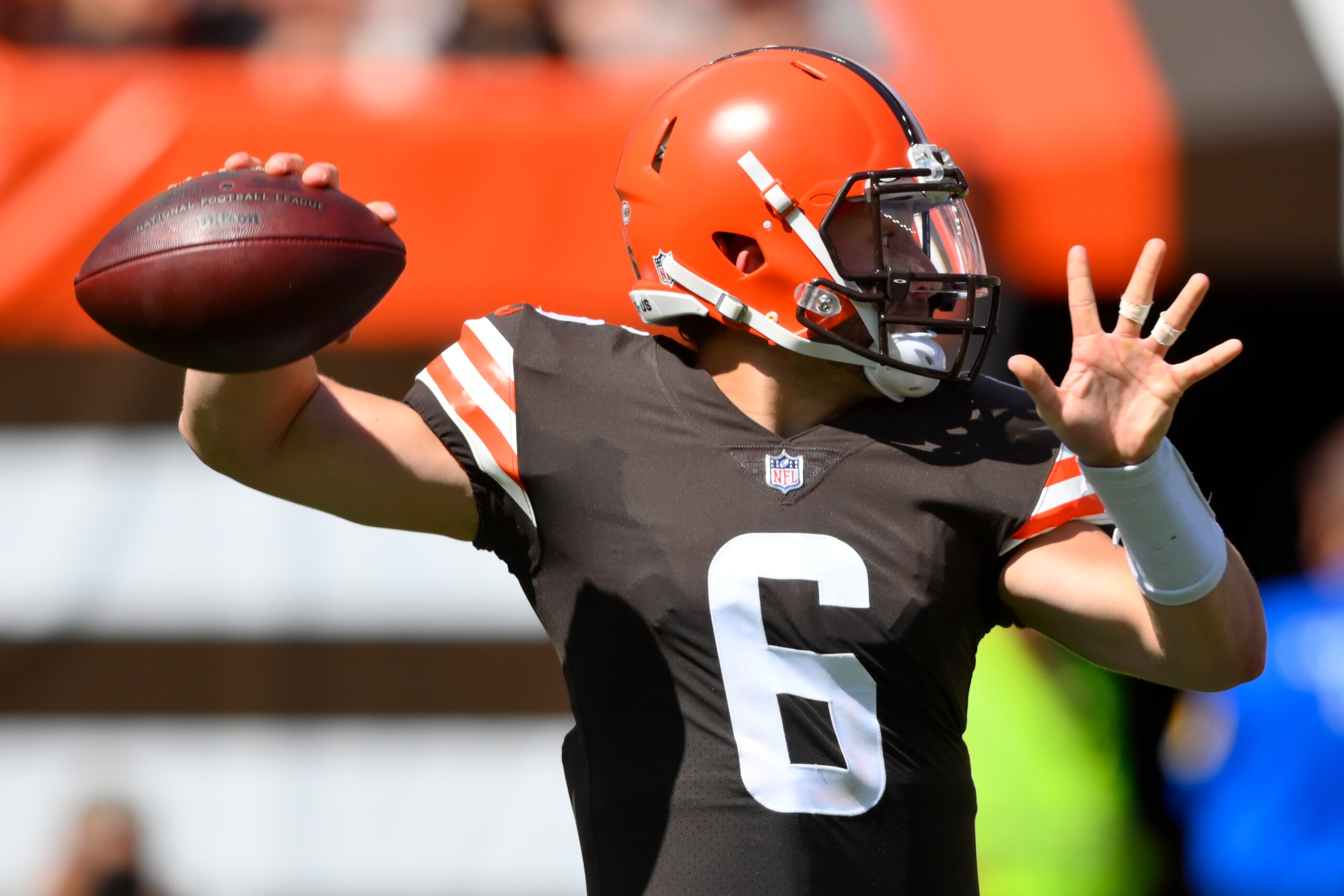 Cleveland Browns quarterback Baker Mayfield throws during the first half of an NFL football game against the Houston Texans, Sunday, Sept. 19, 2021, in Cleveland. (AP Photo/David Richard)