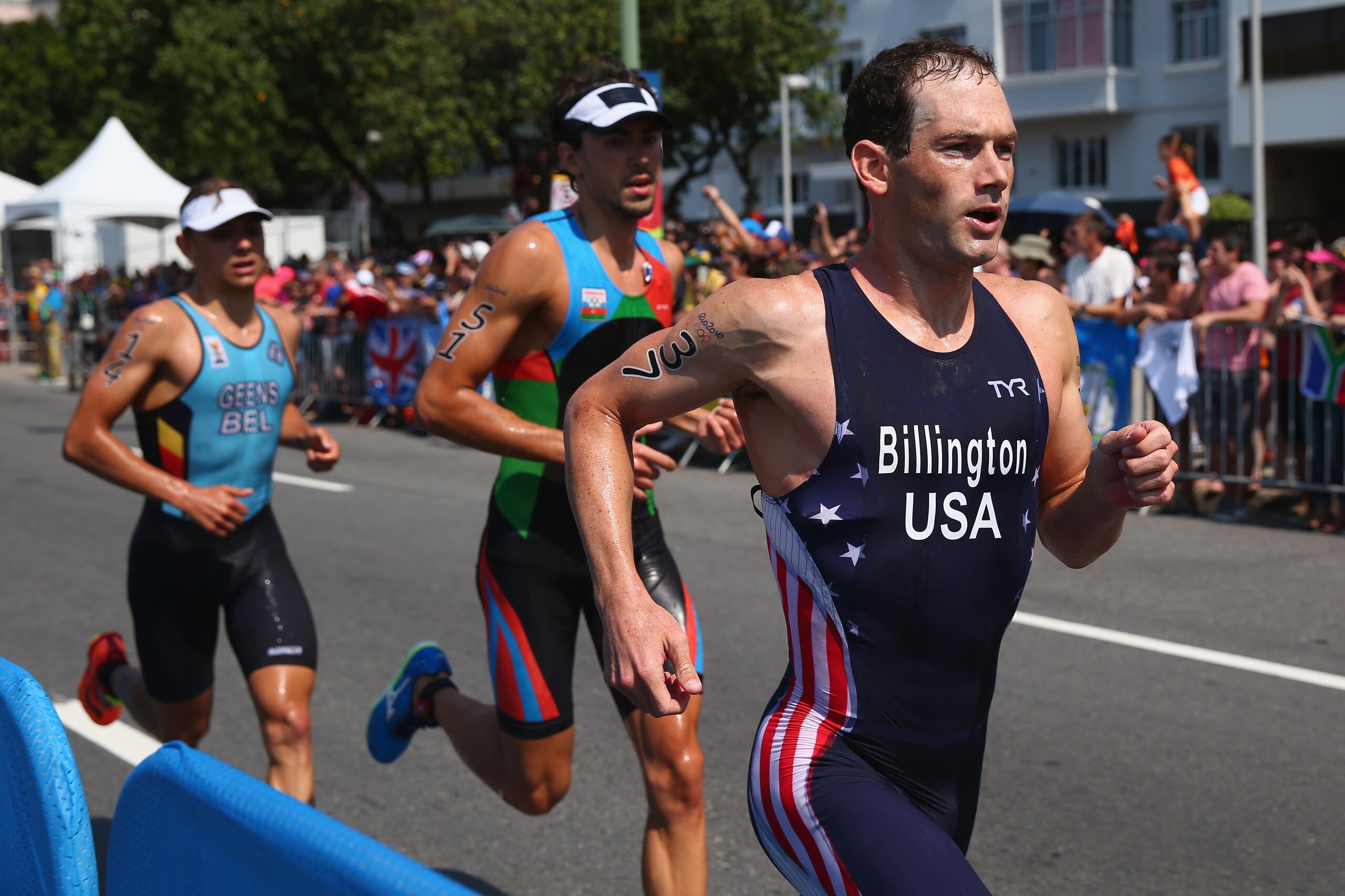 RIO DE JANEIRO, BRAZIL - AUGUST 18: Greg Billington of the United States competes during the Men's Triathlon at Fort Copacabana on Day 13 of the 2016 Rio Olympic Games on August 18, 2016 in Rio de Janeiro, Brazil.  (Photo by Alex Livesey/Getty Images)