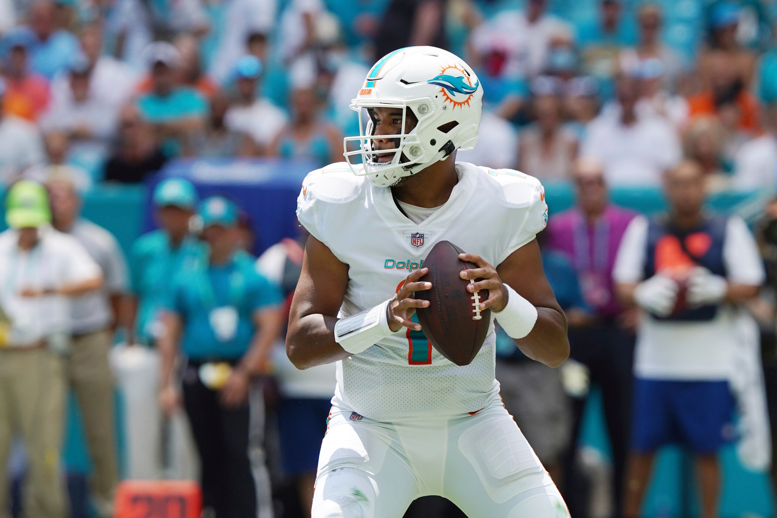 Miami Dolphins quarterback Tua Tagovailoa (1) looks to pass during the first half of an NFL football game against the Buffalo Bills, Sunday, Sept. 19, 2021, in Miami Gardens, Fla. (AP Photo/Hans Deryk)