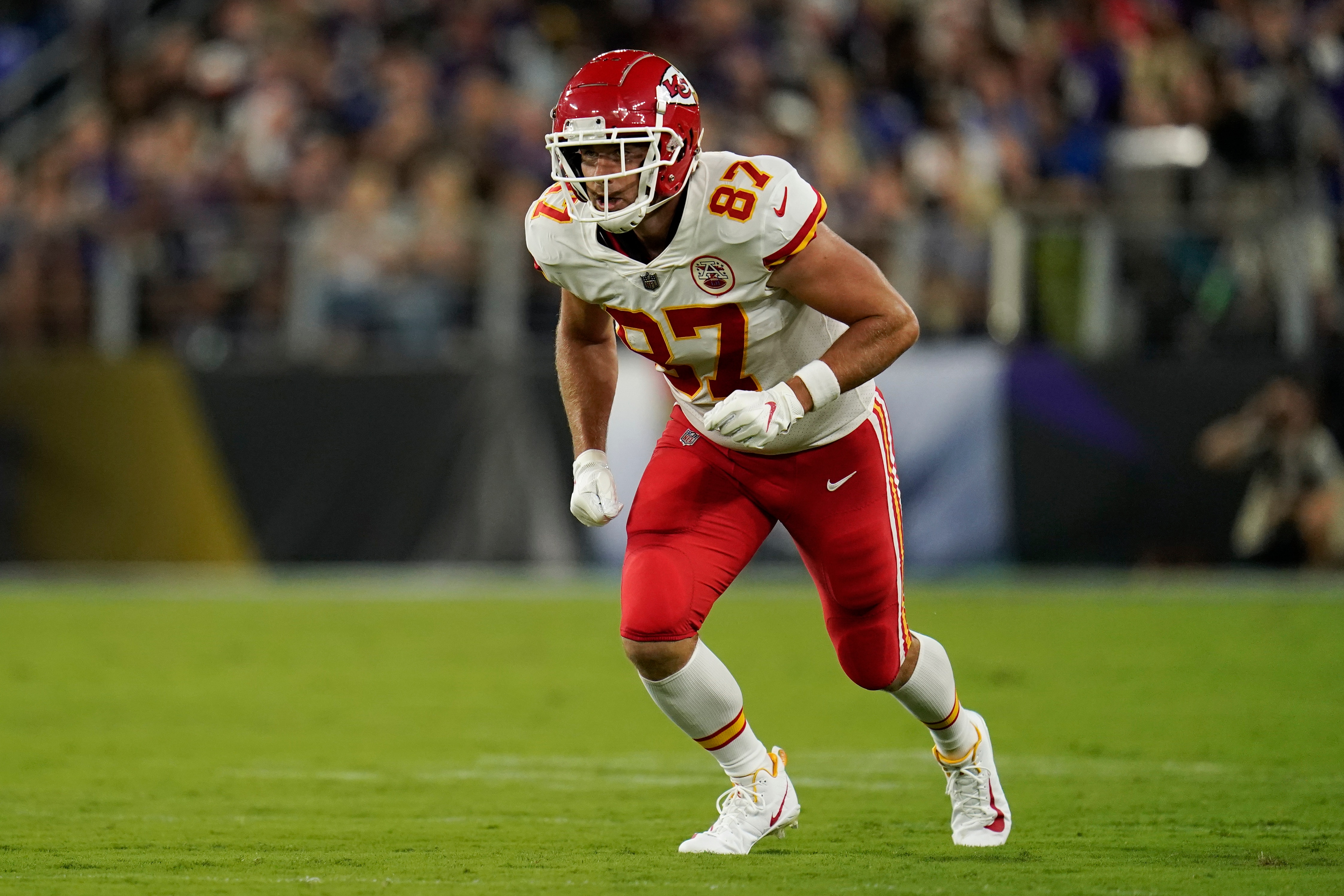Kansas City Chiefs tight end Travis Kelce runs on the field in the first half of an NFL football game against the Baltimore Ravens, Sunday, Sept. 19, 2021, in Baltimore. (AP Photo/Julio Cortez)