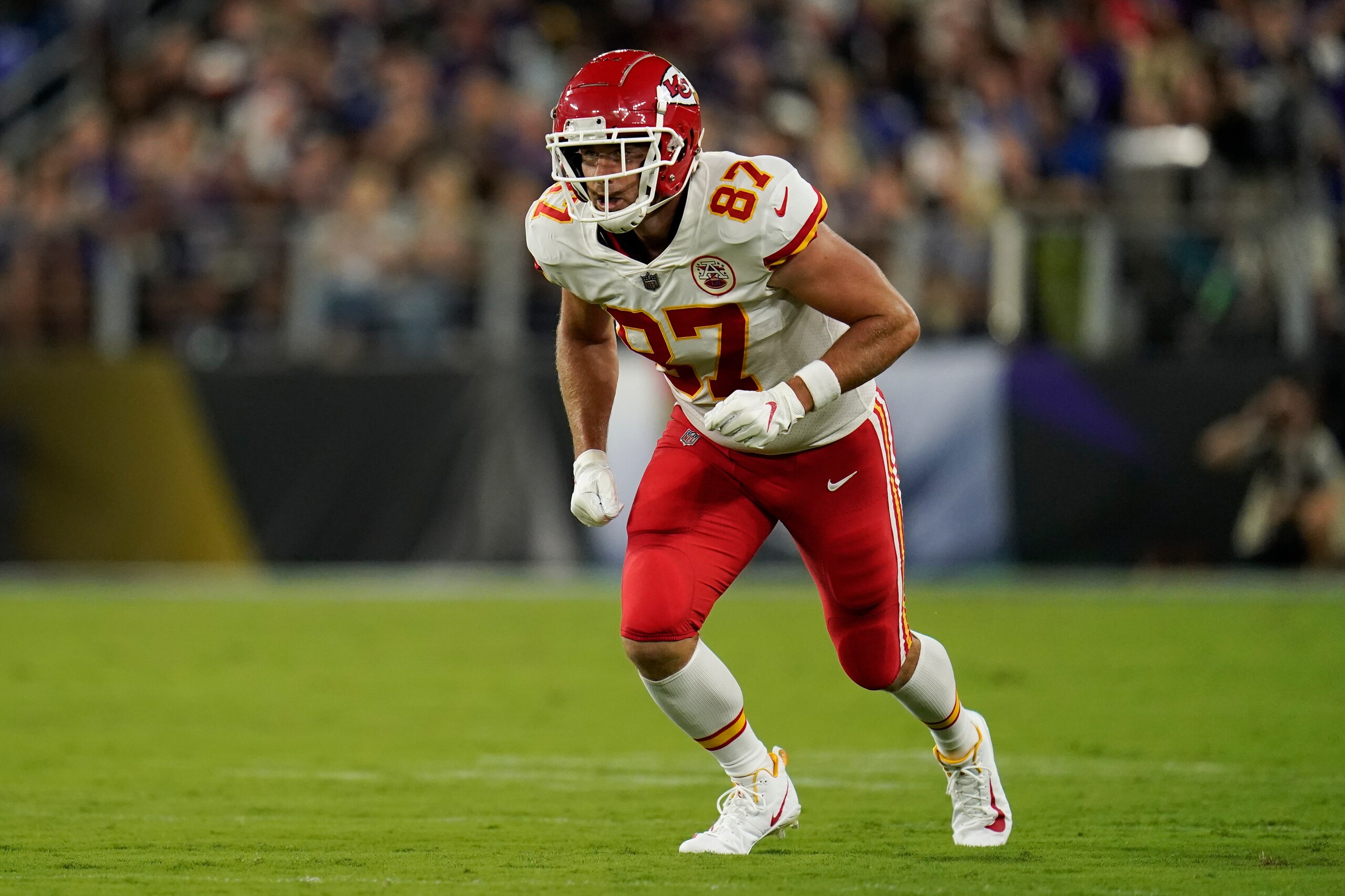 Kansas City Chiefs tight end Travis Kelce runs on the field in the first half of an NFL football game against the Baltimore Ravens, Sunday, Sept. 19, 2021, in Baltimore. (AP Photo/Julio Cortez)