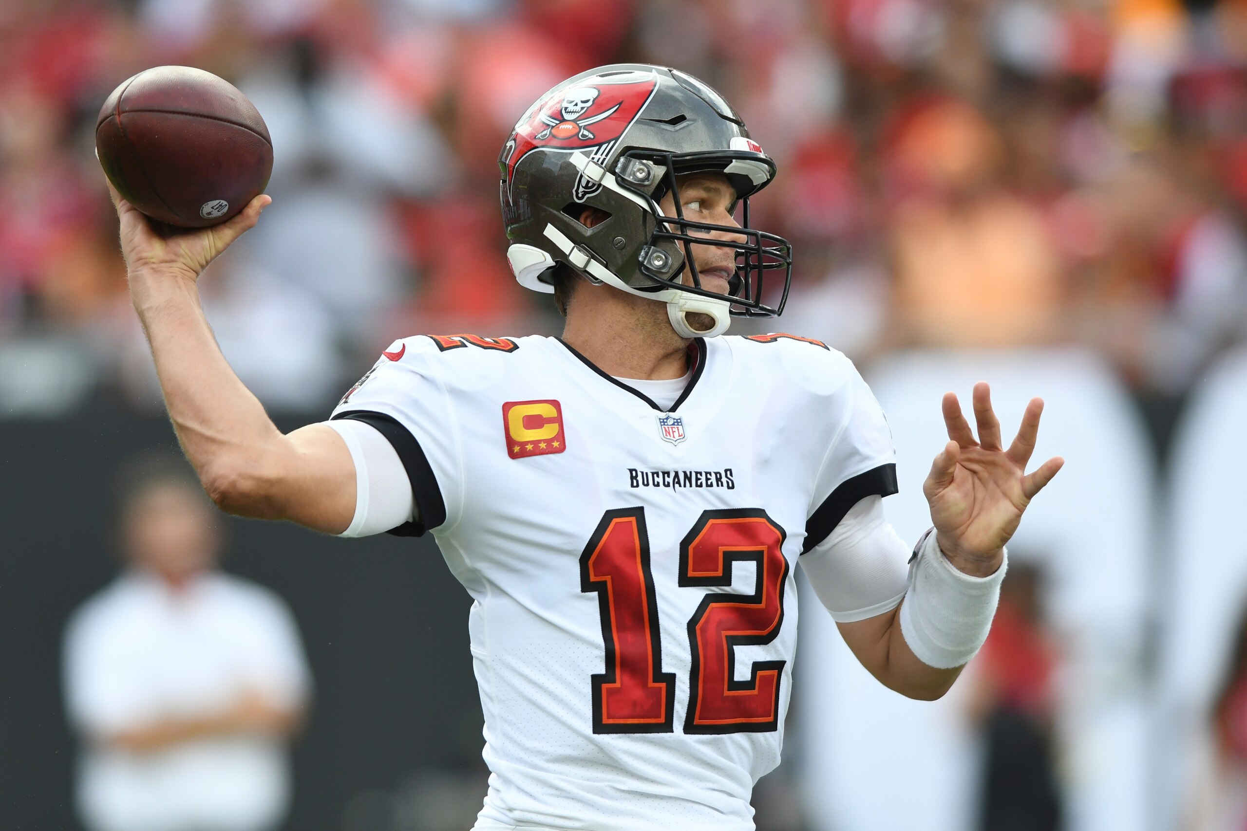 Tampa Bay Buccaneers quarterback Tom Brady (12) throws a pass during the first half of an NFL football game against the Atlanta Falcons Sunday, Sept. 19, 2021, in Tampa, Fla. (AP Photo/Jason Behnken) Tampa Bay Buccaneers quarterback Tom Brady (12) throws a pass during the first half of an NFL football game against the Atlanta Falcons Sunday, Sept. 19, 2021, in Tampa, Fla. (AP Photo/Jason Behnken)
