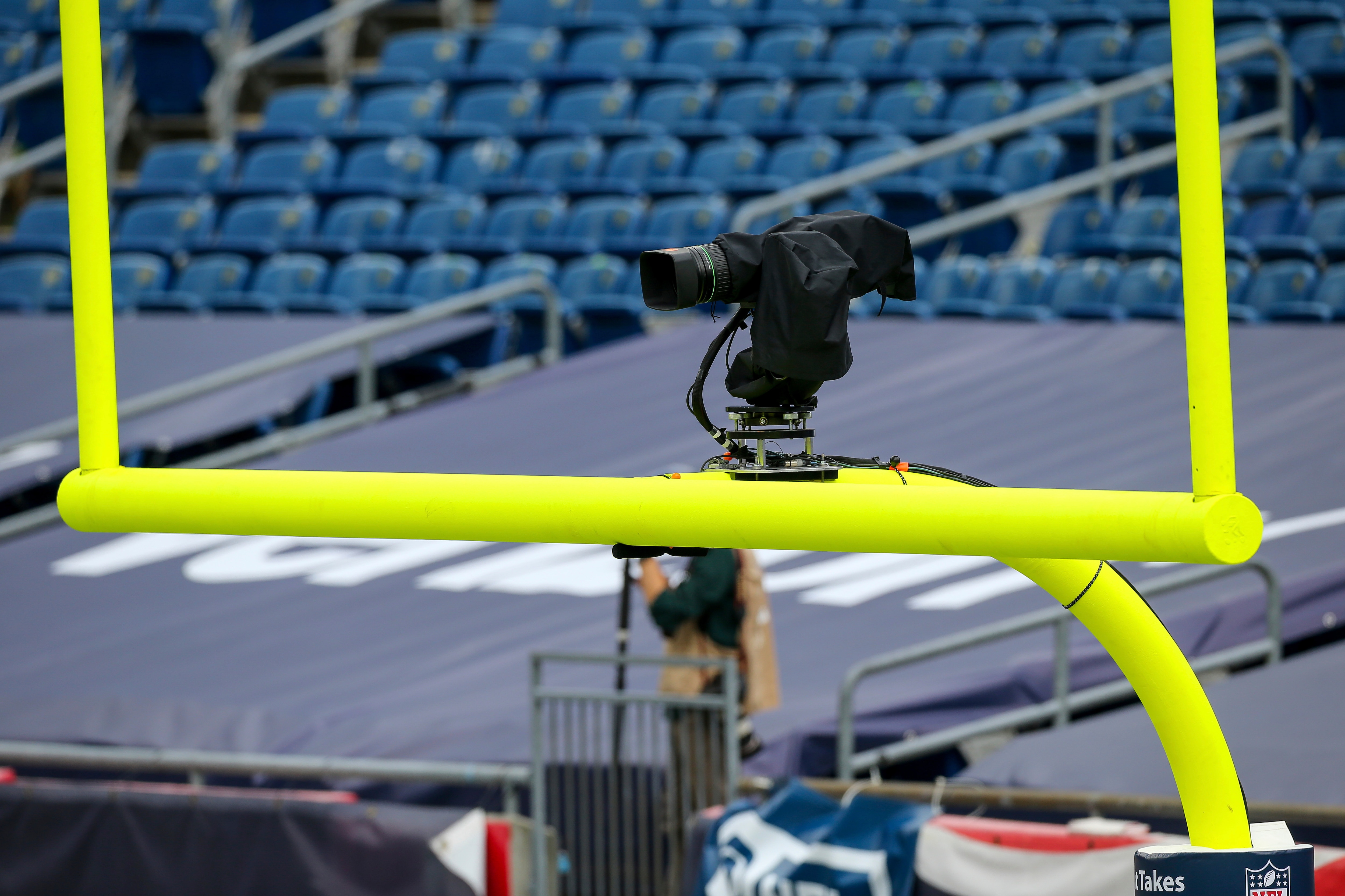 Detail view of the goalpost camera prior to an NFL football game between the New England Patriots and Las Vegas Raiders, Sunday, Sept. 27, 2020, in Foxborough, Mass. (AP Photo/Stew Milne)
