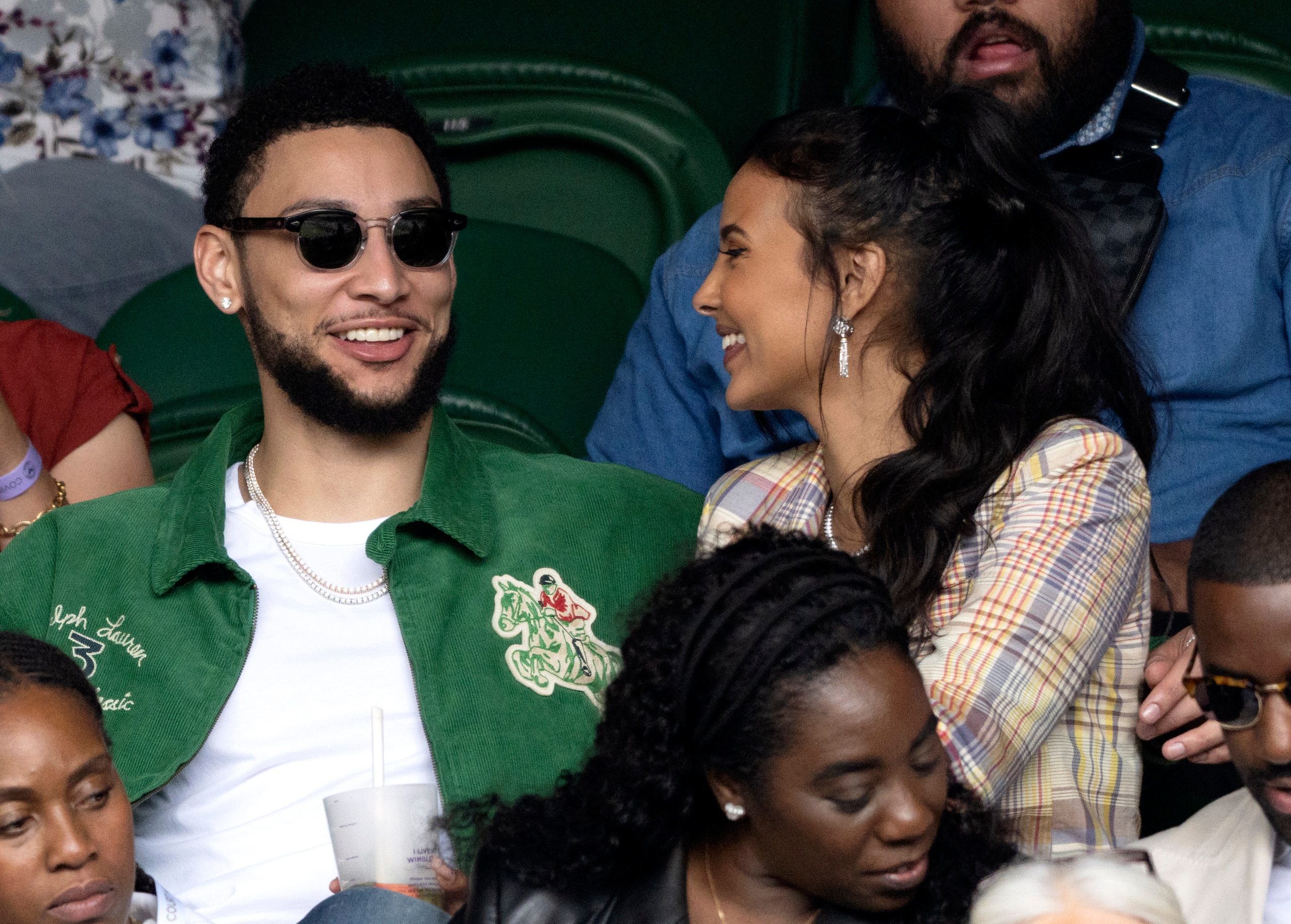 LONDON, ENGLAND - JULY 05: Maya Jama and Ben Simmons attend day 7 of the Wimbledon Tennis Championships at the All England Lawn Tennis and Croquet Club on July 05, 2021 in London, England. (Photo by Karwai Tang/WireImage)