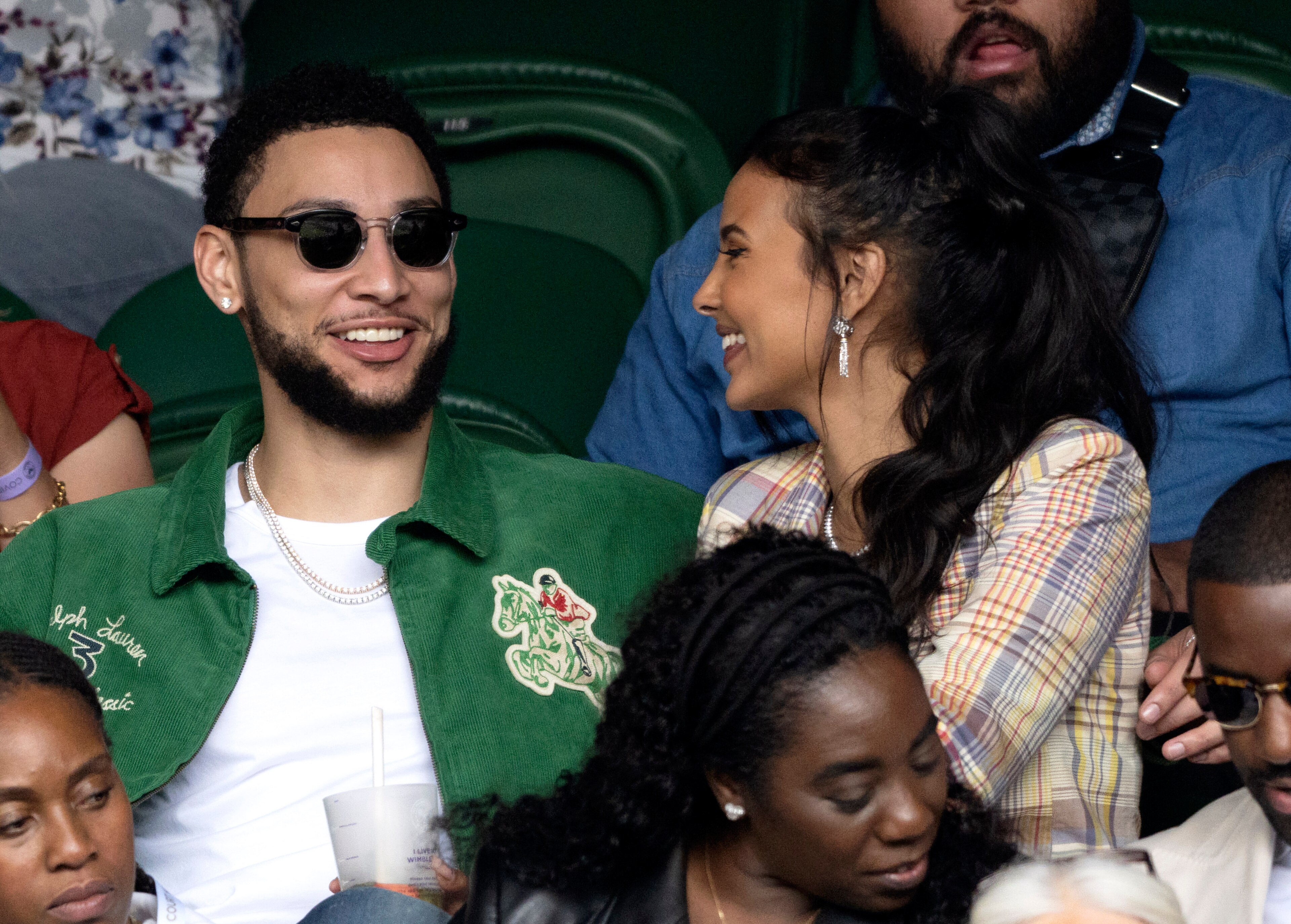 LONDON, ENGLAND - JULY 05: Maya Jama and Ben Simmons attend day 7 of the Wimbledon Tennis Championships at the All England Lawn Tennis and Croquet Club on July 05, 2021 in London, England. (Photo by Karwai Tang/WireImage)